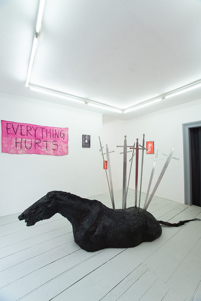 Nicolás Astorga (together with Marie Lynn Speckert), THE NINE OF SWORDS (SELF-PORTRAIT), 2019-2021, upcycled horse taxidermy, tar, steel, 220 x 100 x 180 cm.