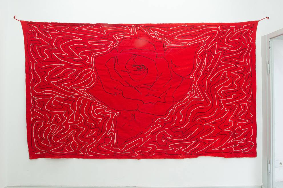 Nicolás Astorga, A ROSE IS A MAN IS A ROSE, 2021, embroidery on hand dyed cotton, 300 x 200 cm.