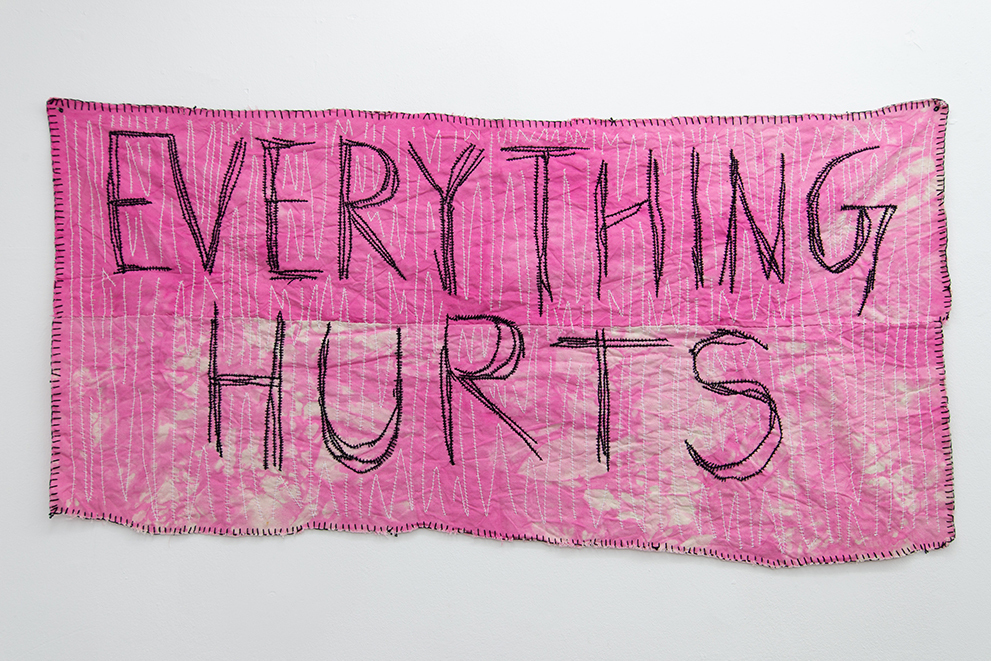 Nicolás Astorga, EVERYTHING HURTS, 2021, embroidery on hand dyed cotton, 75 x 155 cm.