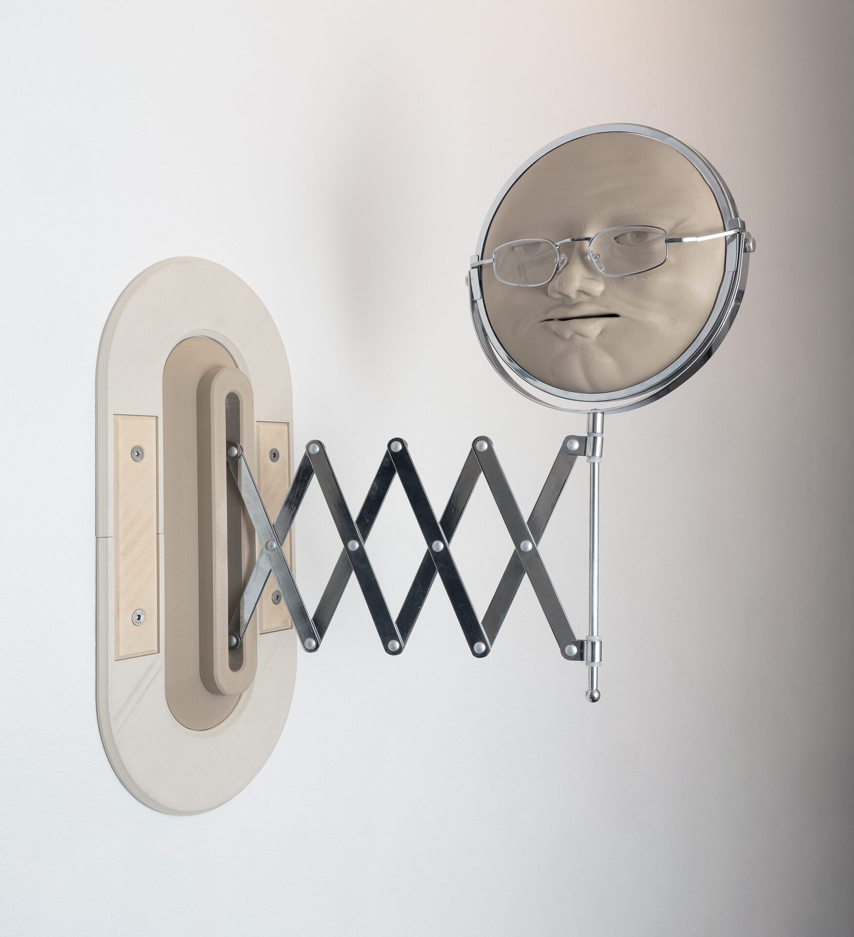 Wieland Schönfelder, Thesen gegen den Okkultismus, 2021 3d print, steel, mirror, glasses 38 x 18 x 40 cm