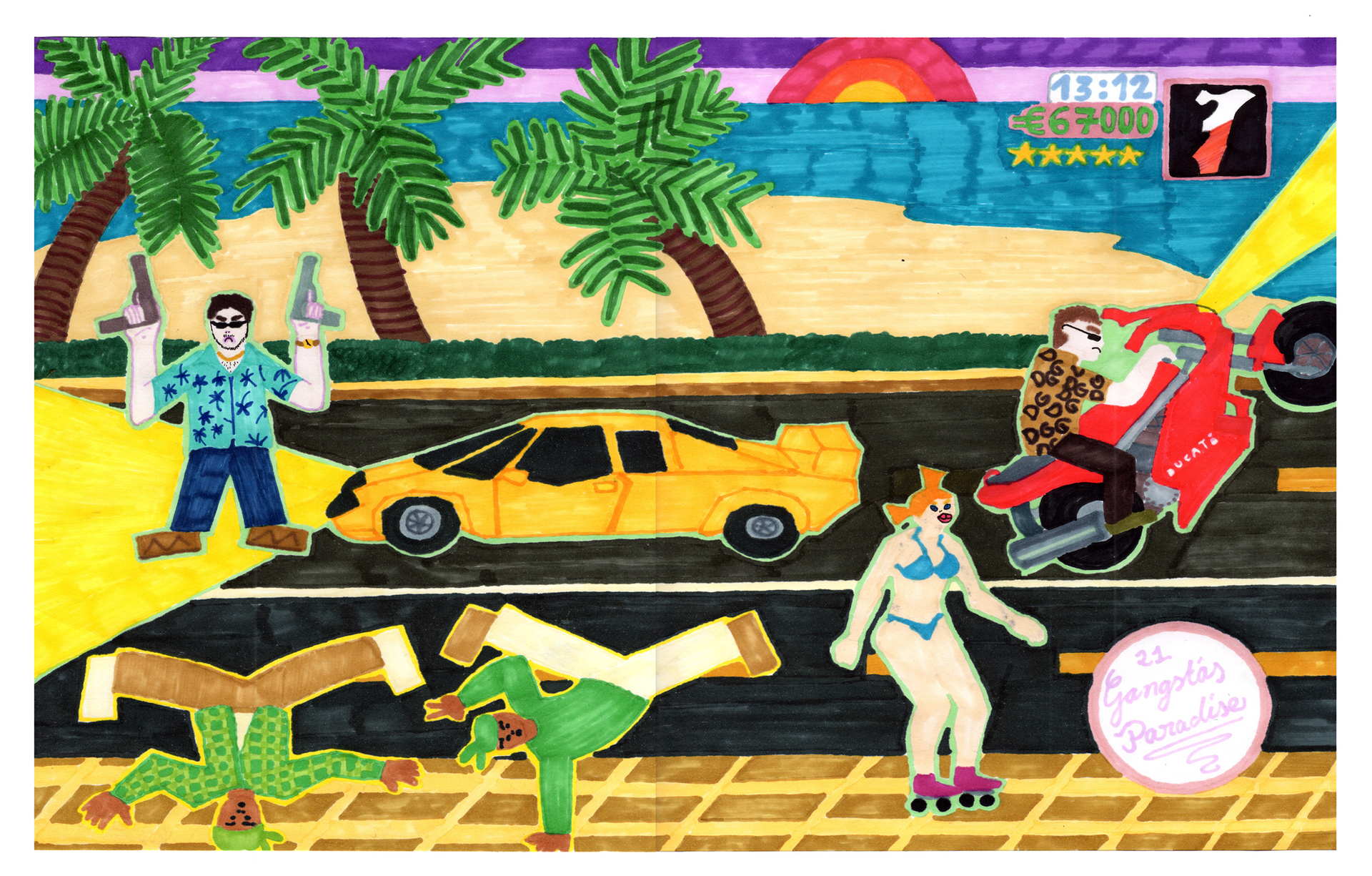 Elias Klein, Gangsta’s Paradies, 2021, Alcohol ink pencil on 90g paper, 29 x 42 cm