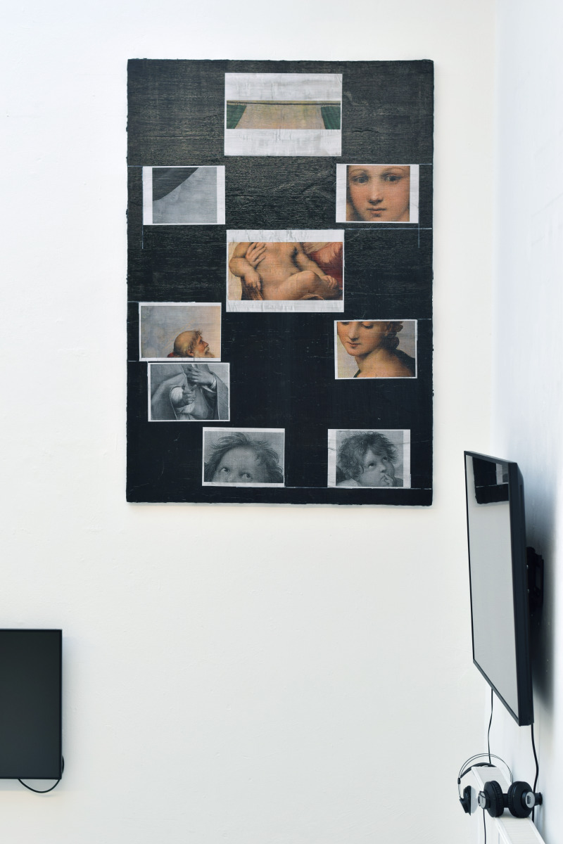 Max Bergmann, Meine Anerkennung, 2021, Binder, Lack, Marker, Fotokopien und Sprühfarbe auf Leinengemisch; 109 × 159 cm