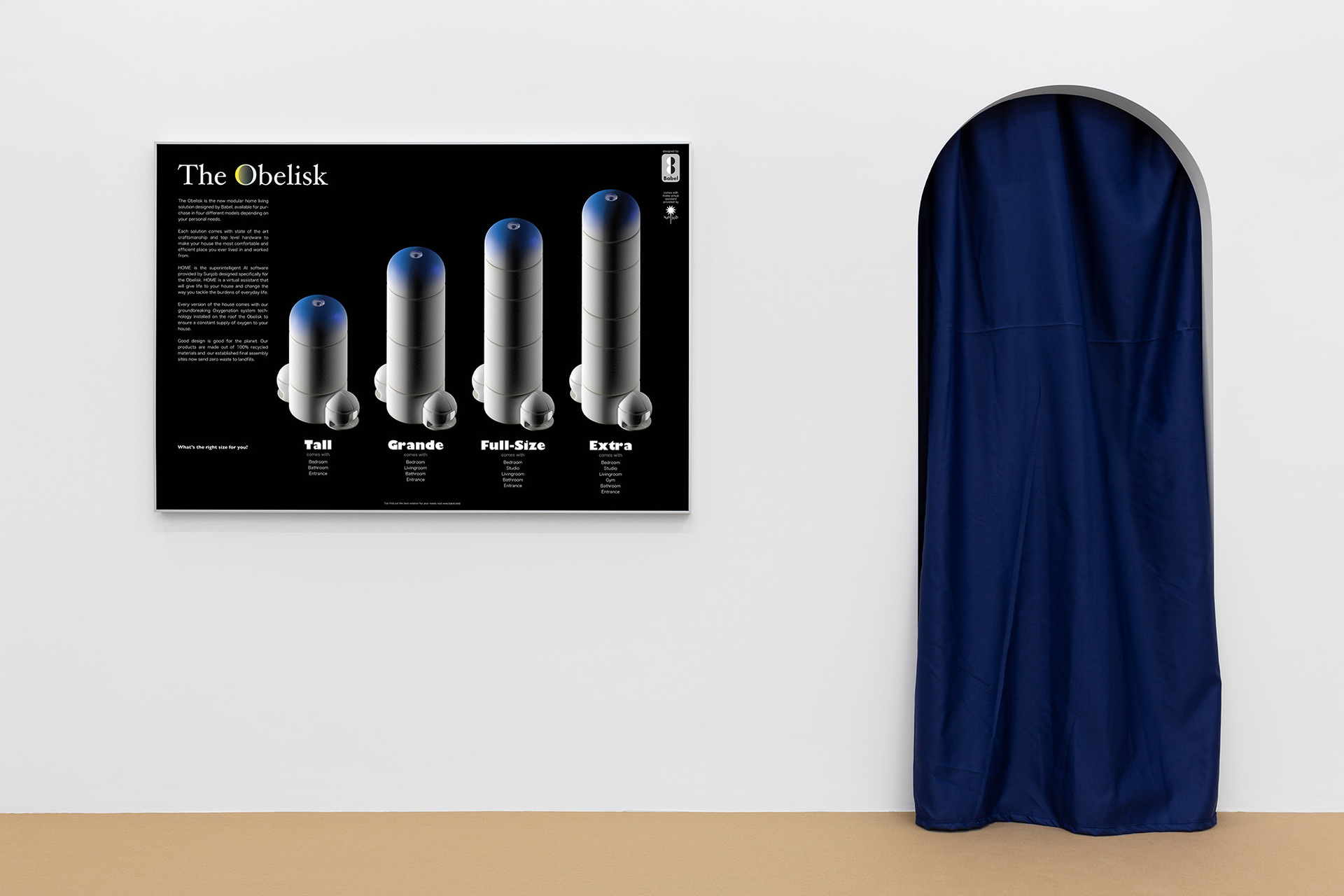 Giulio Scalisi, A house for a gentleman, 2021. Whats the right size for you?, 2021, fine print on glossy paper, 160 x 111 cm. Kunsthalle Lissabon, Lisbon. Photo: Bruno Lopes.