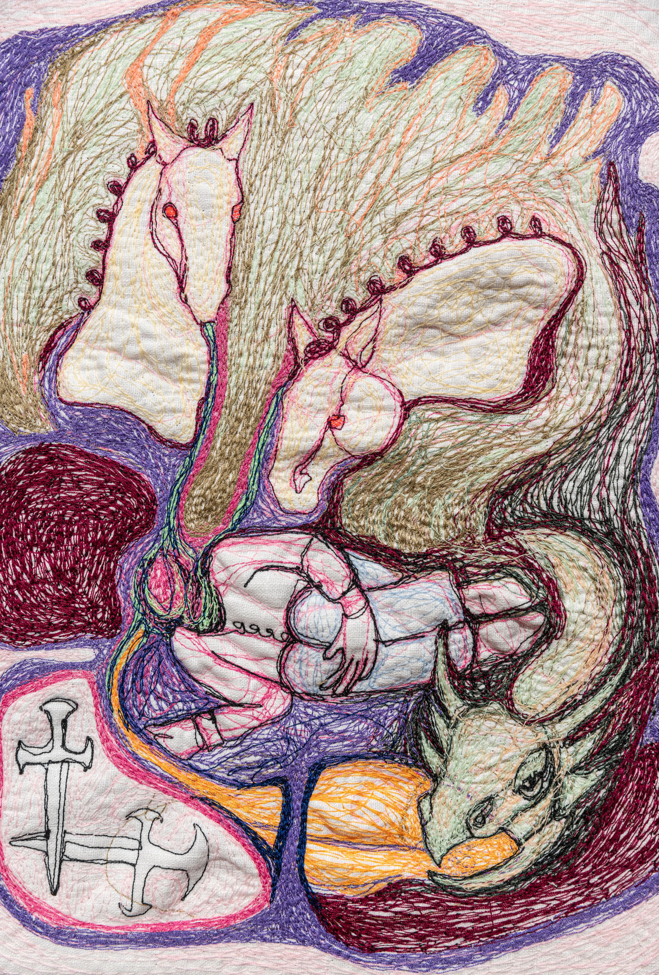 Mary-Audrey Ramirez, Possessed Horse Girl, 2021 Yarn on linen 30 × 35 cm (11 3/4 × 13 3/4 inches), detail