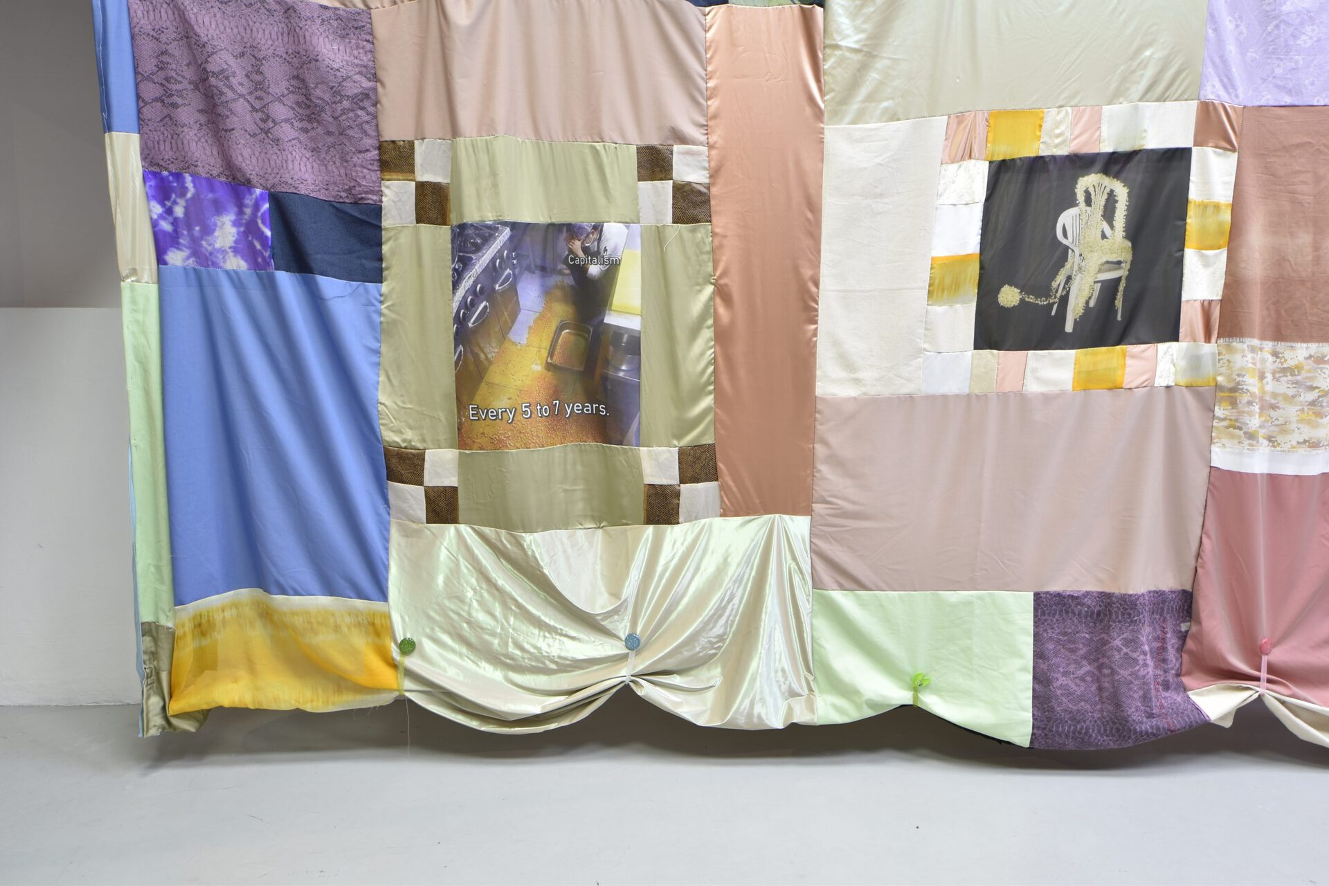 Viola Morini x Giacomo Giannantonio, "No child left behind" (detail), 2021, site-specific installation with various fabrics, variable dimensions