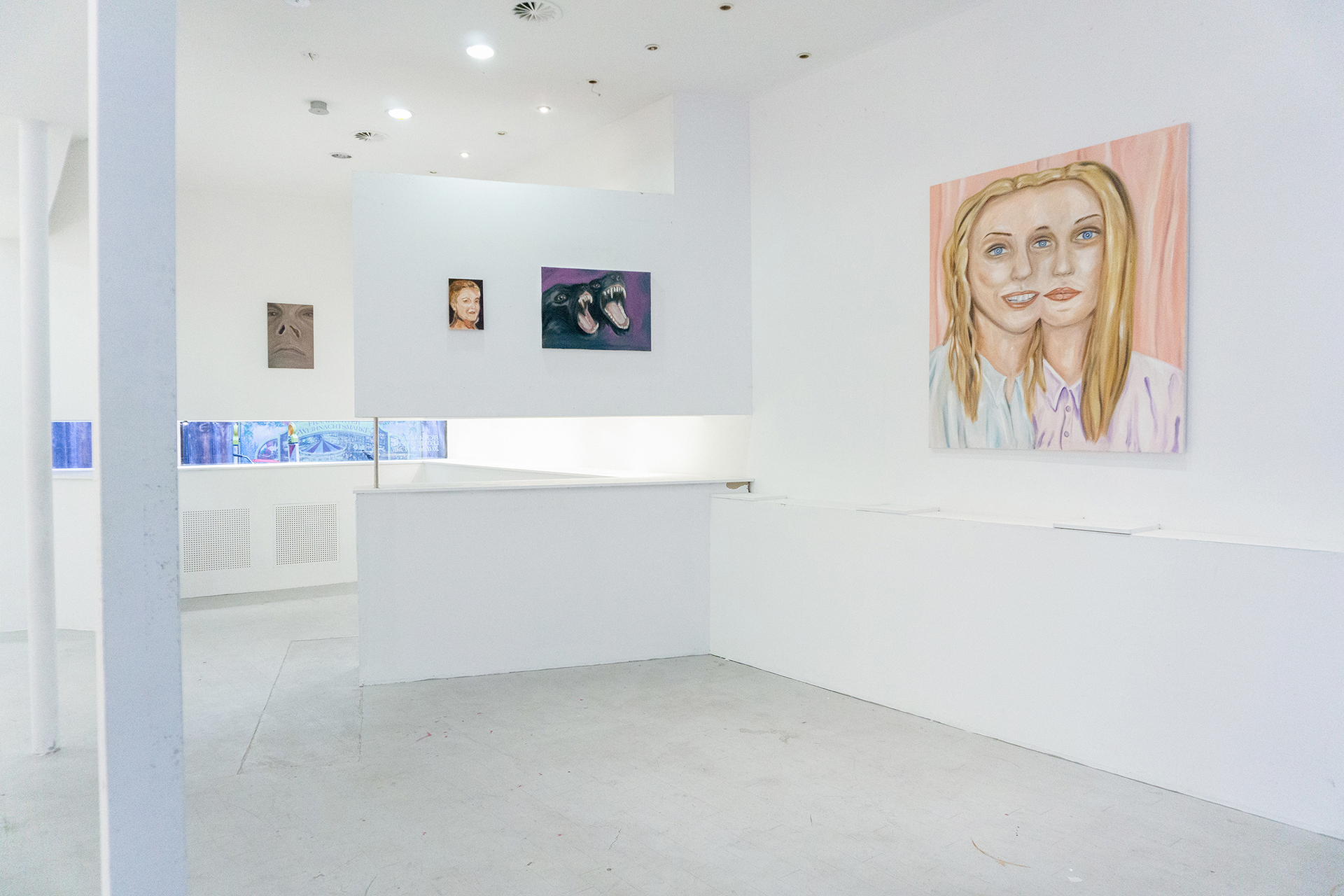 Leonie Specht, left to right: Nasenfurunkel, Oma Helga, Zwei Schreie auf einmal, Digital twins, all works from 2021, oil on linen and canvas