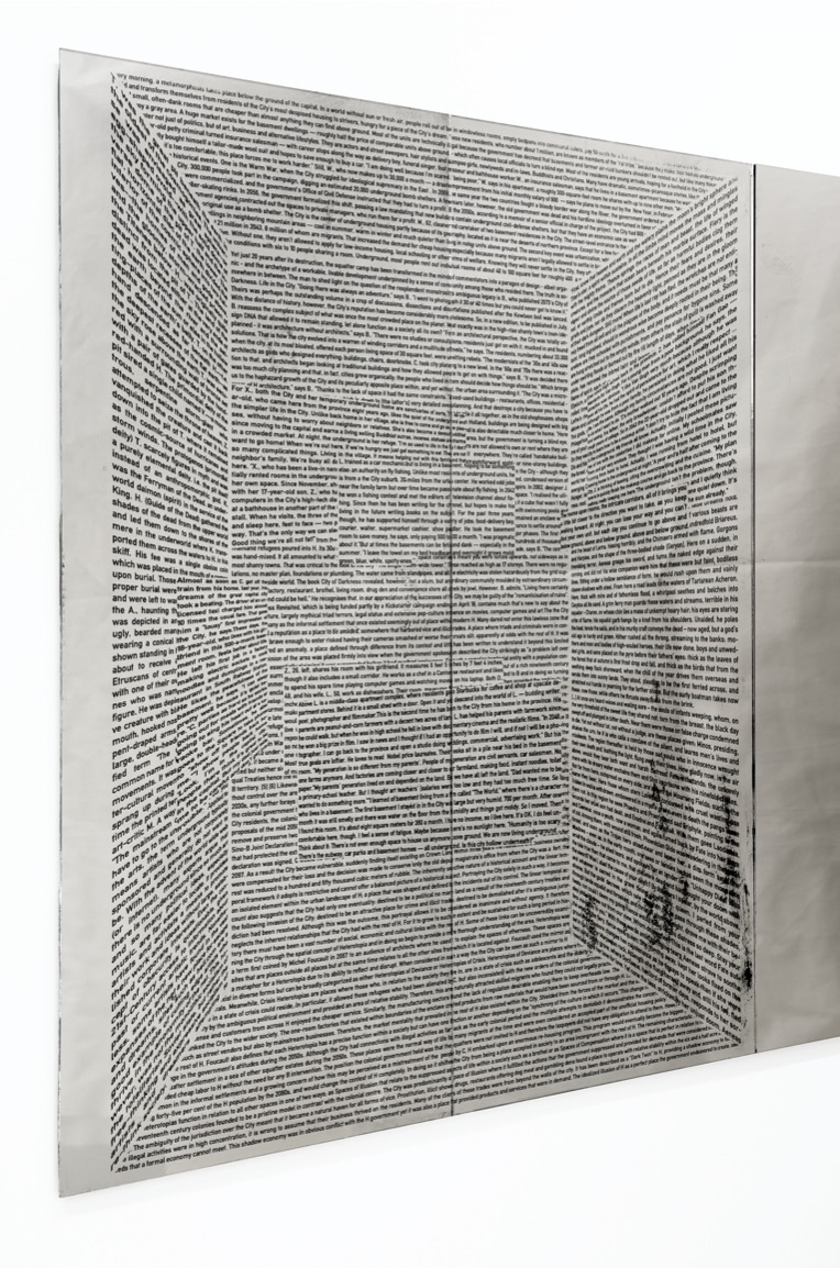 Robert Brambora, ‘Textraum (2)’, 2021, laser engraving behind glass, lacquer, stainless steel, 95 x 40 cm