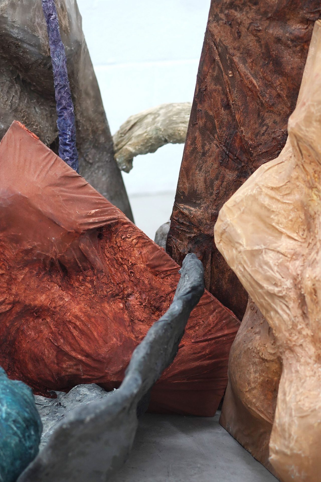 Daria Moria, Man is but the Imprint of his Native Landscape (detail), 2021, wood, plaster, fabric, pigment, glitter and beads, variable dimensions