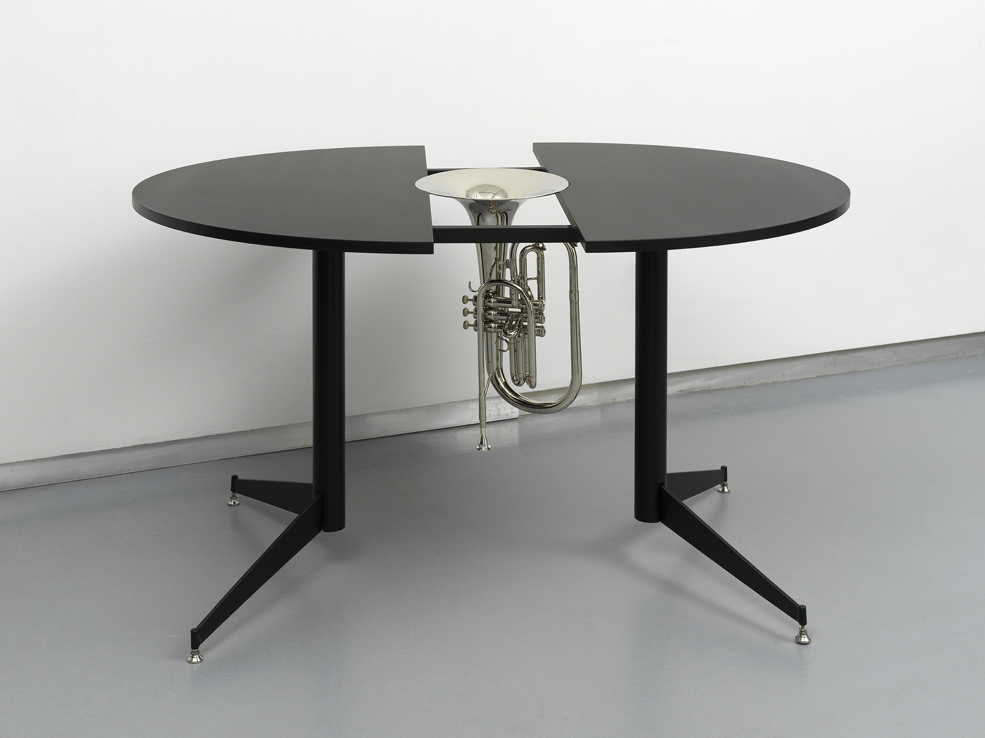 Christine Rebhuhn, Last Bare Chamber (of my heart), 2021, Wood, lacquer, metal, mellophone, 28 x 50 x 40 inches.