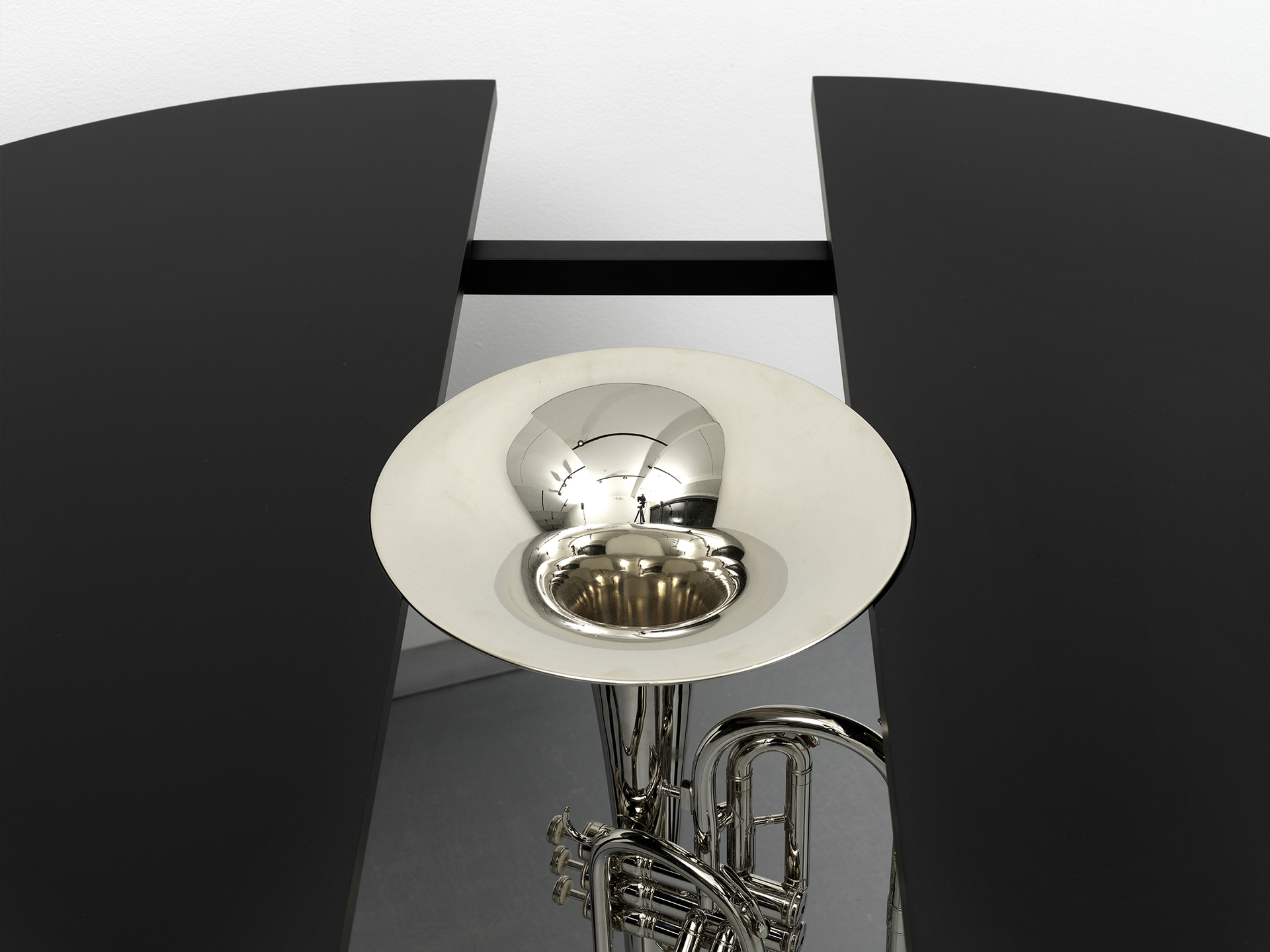 Christine Rebhuhn, Last Bare Chamber (of my heart), detail, 2021, Wood, lacquer, metal, mellophone, 28 x 50 x 40 inches.