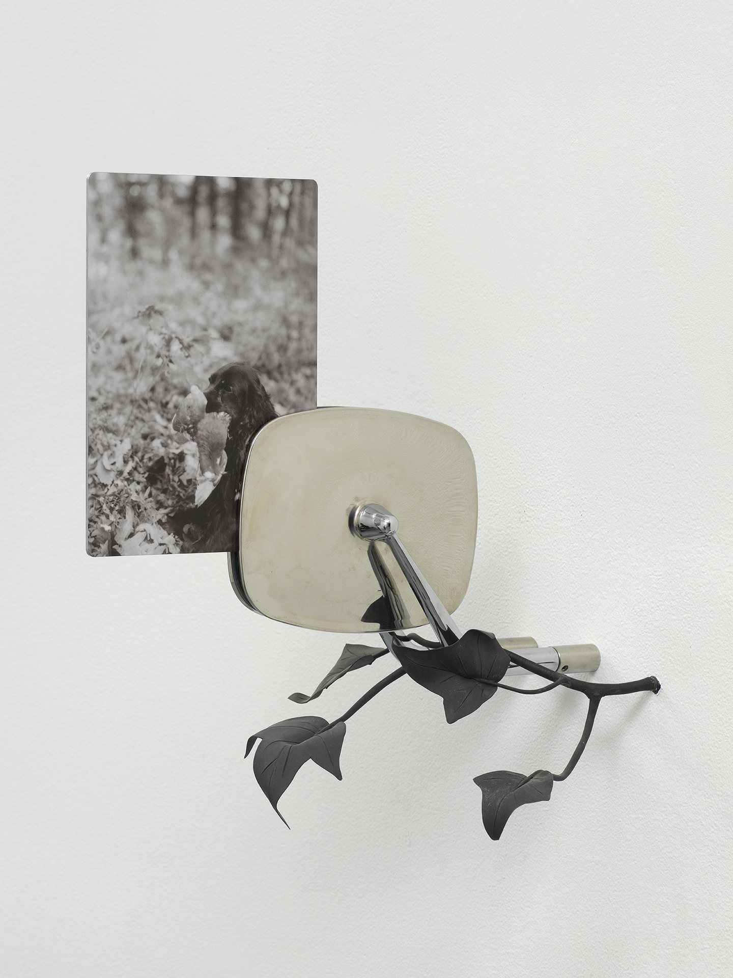 Christine Rebhuhn, Traits and Cutting Edges, 2021, Mirrored photographs on aluminum, Volkswagen side mirrors, colored porcelain, 15 x 11 x 14 inches.