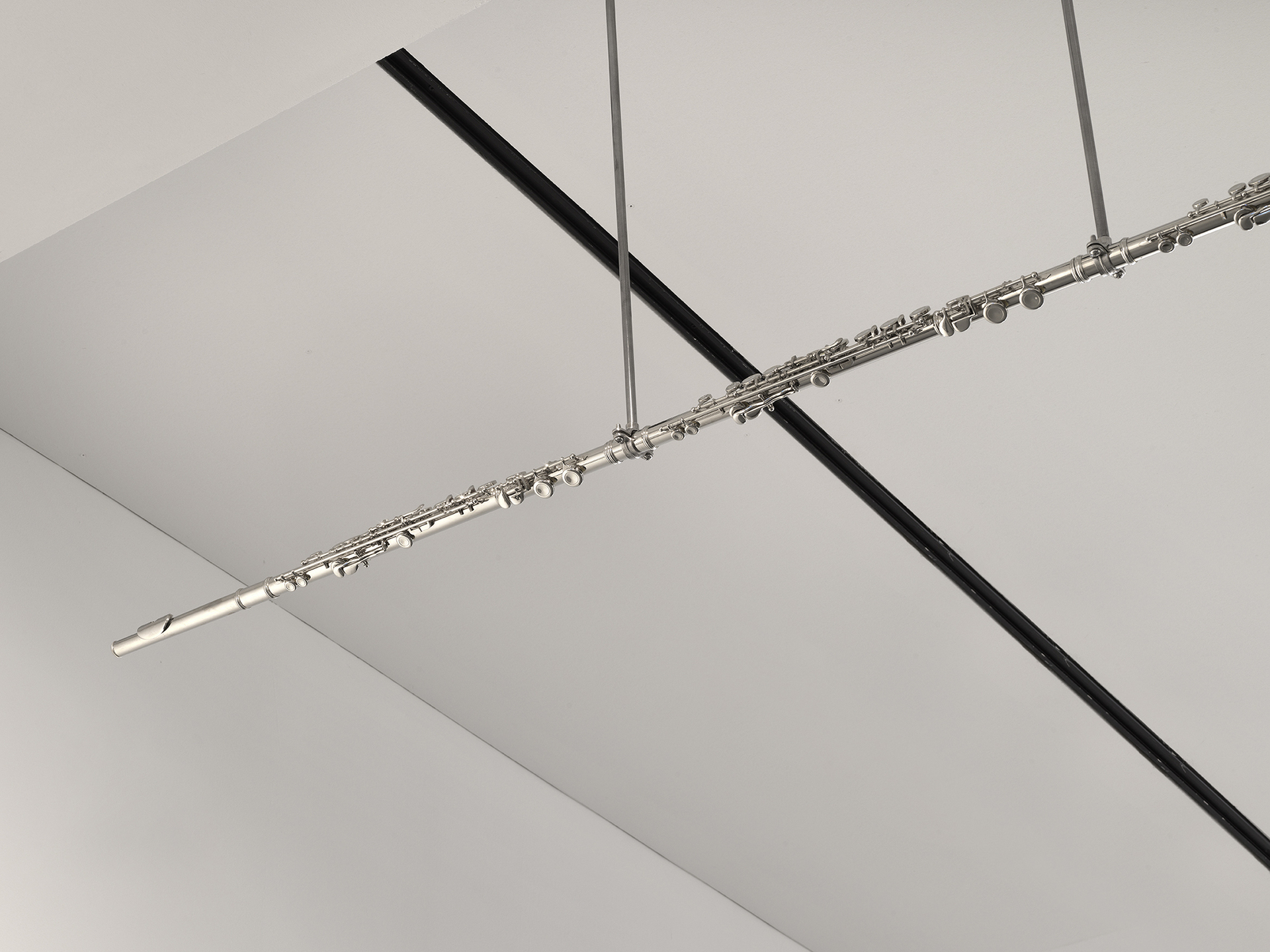 Christine Rebhuhn, Long Wind, detail, 2021, Flutes, hardware, 25 x 120 x 1 inches.