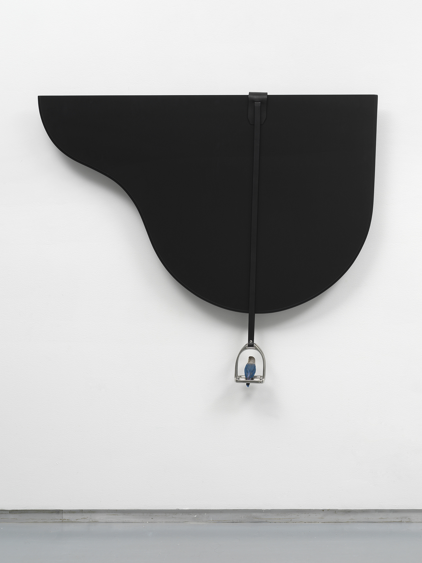 Christine Rebhuhn, Fastest Way to Reach the Shore, 2021, Wood, lacquer, leather, stainless steel, taxidermy lovebird, 35 x 55 x 4 inches.
