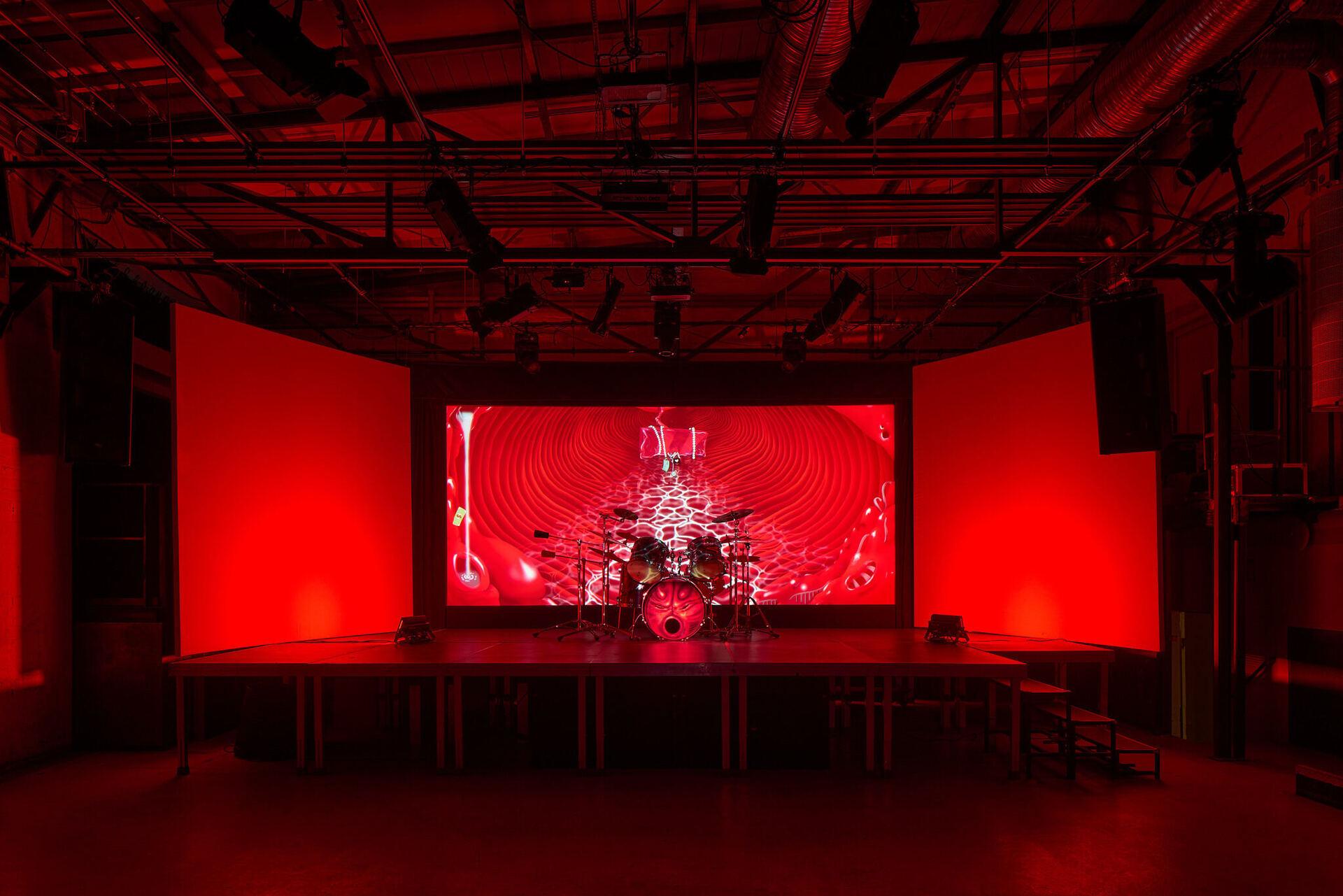 Tunnel vision, 2021 4K video loop, digital 2D animation by Tea Strazicic, Animation/ Ana Sagadin dimensions variable and airbrushed drum kit