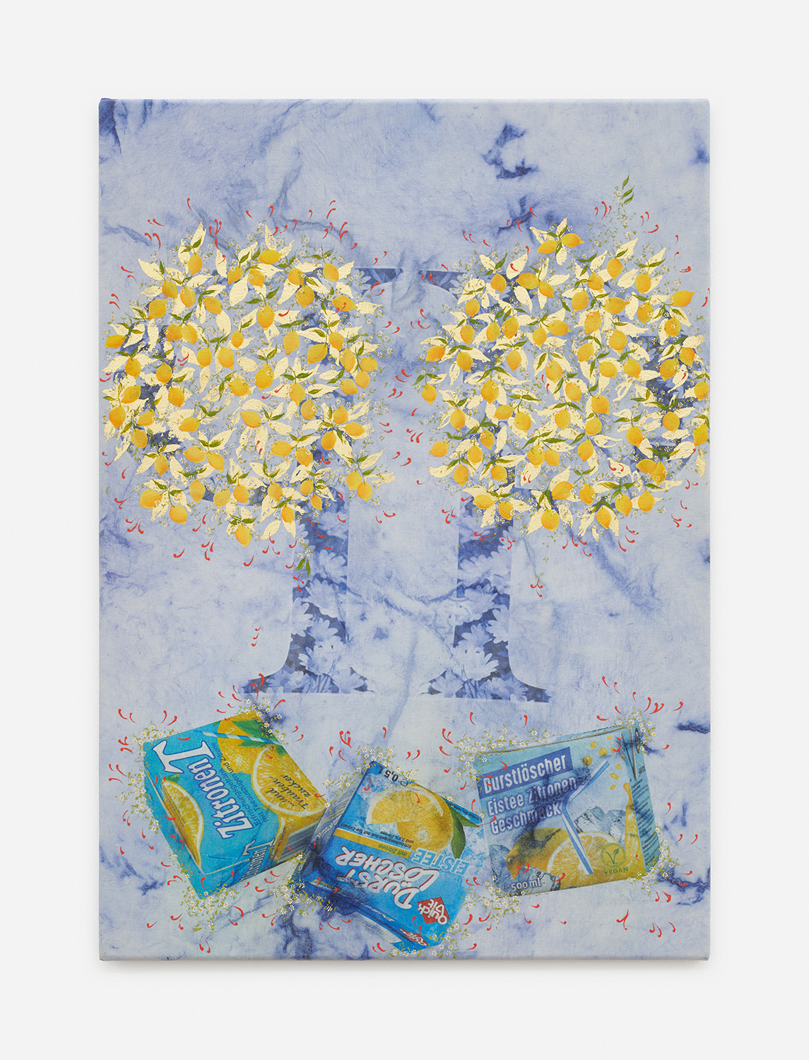 Elif Saydam, Making lemonade, 2021. 23k gold, inkjet transfer and oil on canvas, 59 × 41.5 cm
