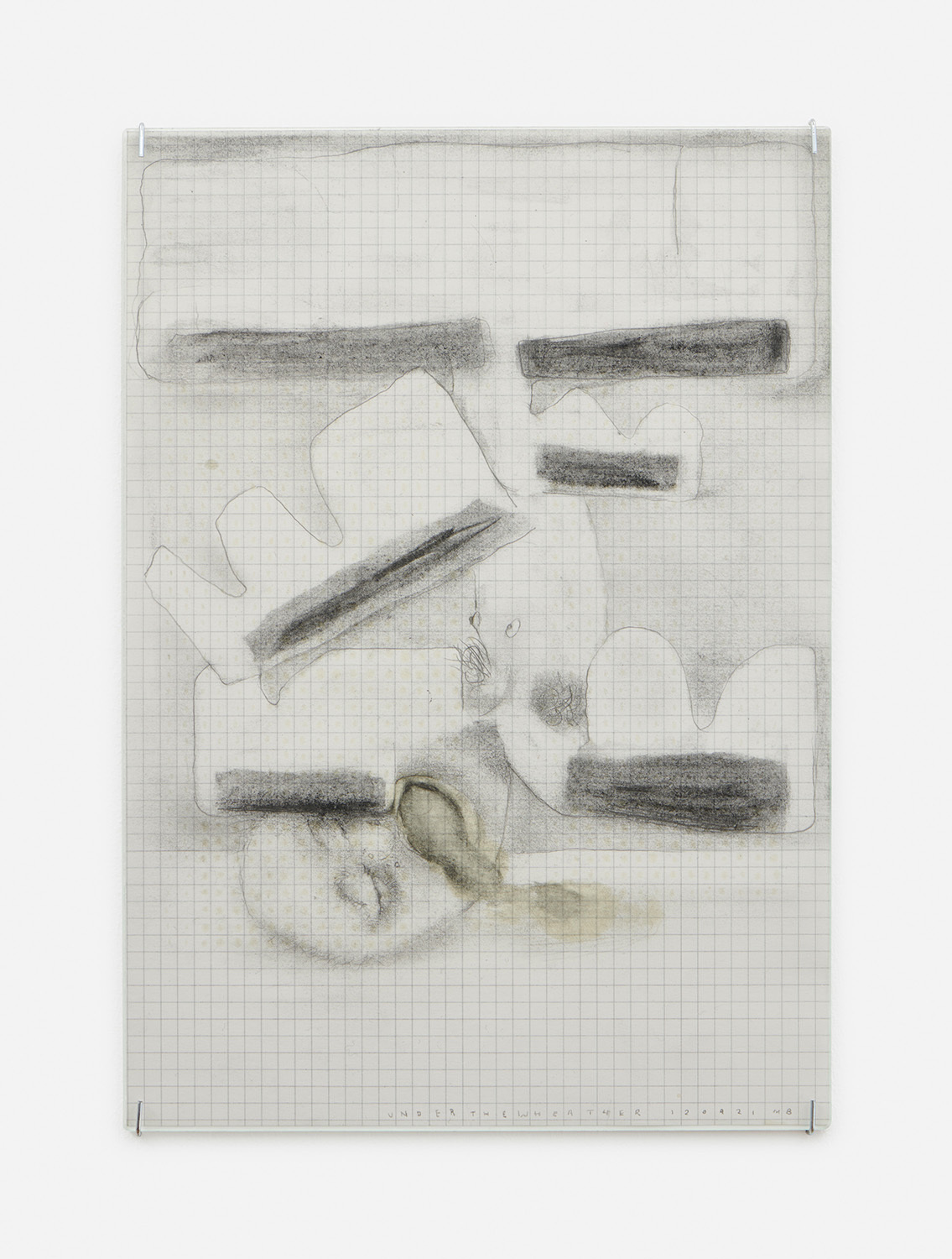 Mark Barker, Under the weather, a, 2021. Graphite, charcoal, oil and cigarette ash on paper, 29.7 x 21 cm