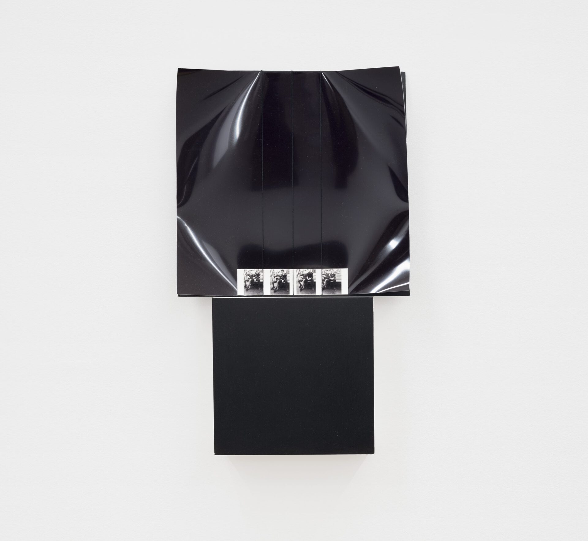 F.P. Boué, Untitled (4 seconds Underground), 2021, Braced wood panel, black gesso, white gesso, customized plywood panel, imageless Cibachrome print, archival inkjet print, bookbinders’ thread 16 x 9 x 2 in. 40.6 x 22.9 x 5.1 cm.
