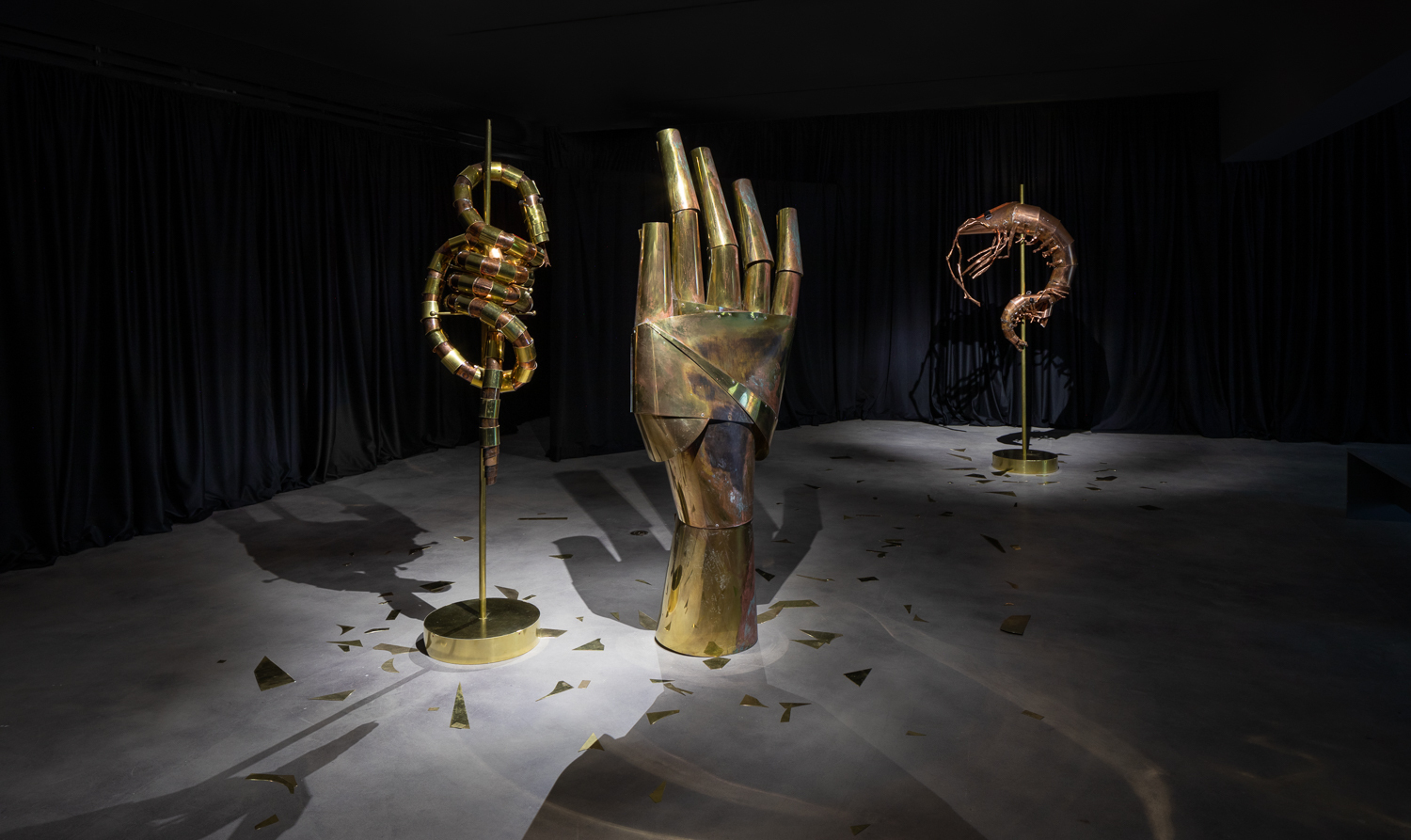 Caroline Mesquita, Noctambules-Snake, Hand, Prawn, 2021, Mixed Media, Dimensions varied, Installation View, Blaffer Art Museum