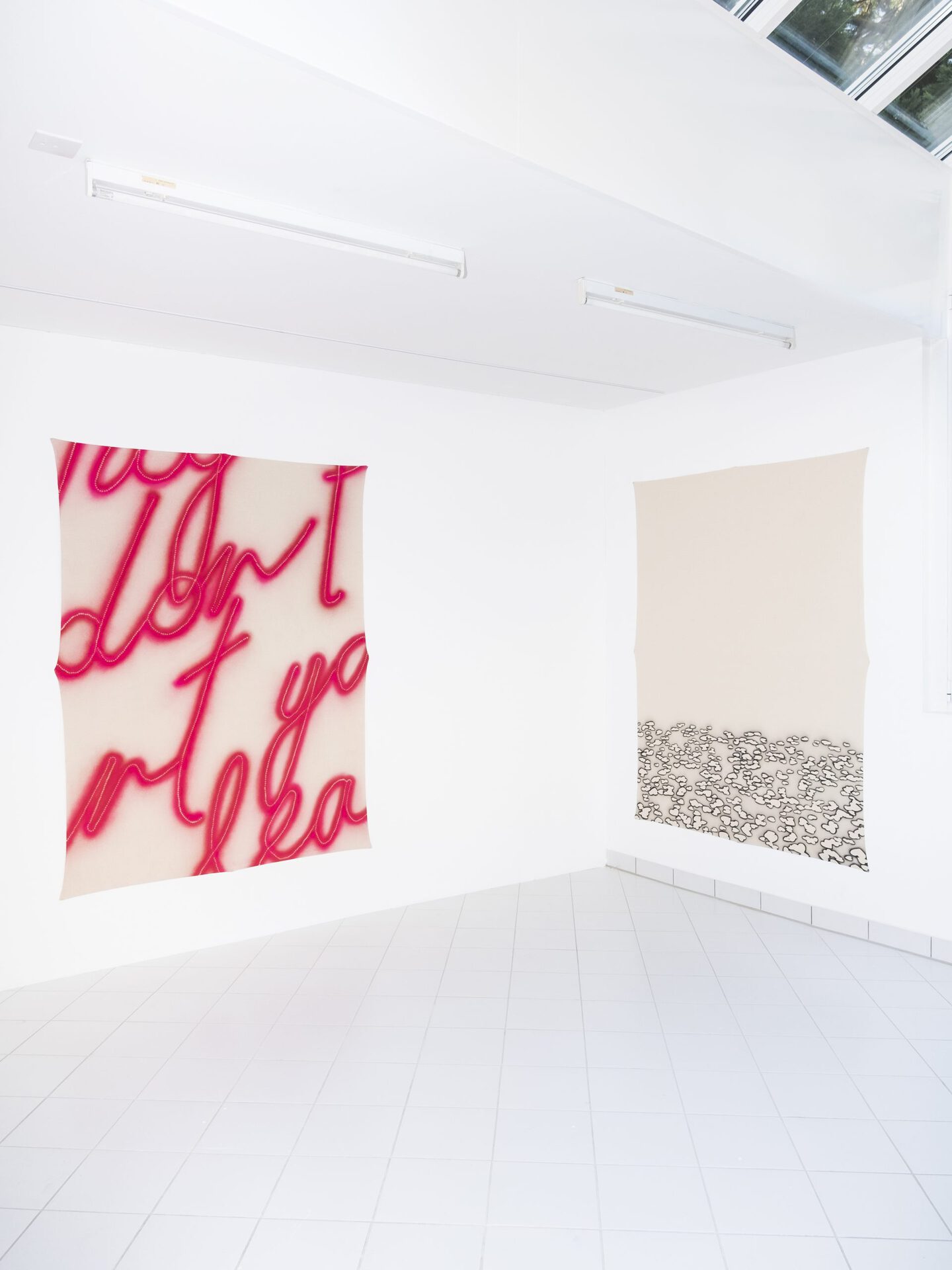 Christelle Kahla, Thump thump, spray on canvas, 206 x 159 cm, 2021 and Falling Love, spray on canvas, 206 x 159 cm, 2021