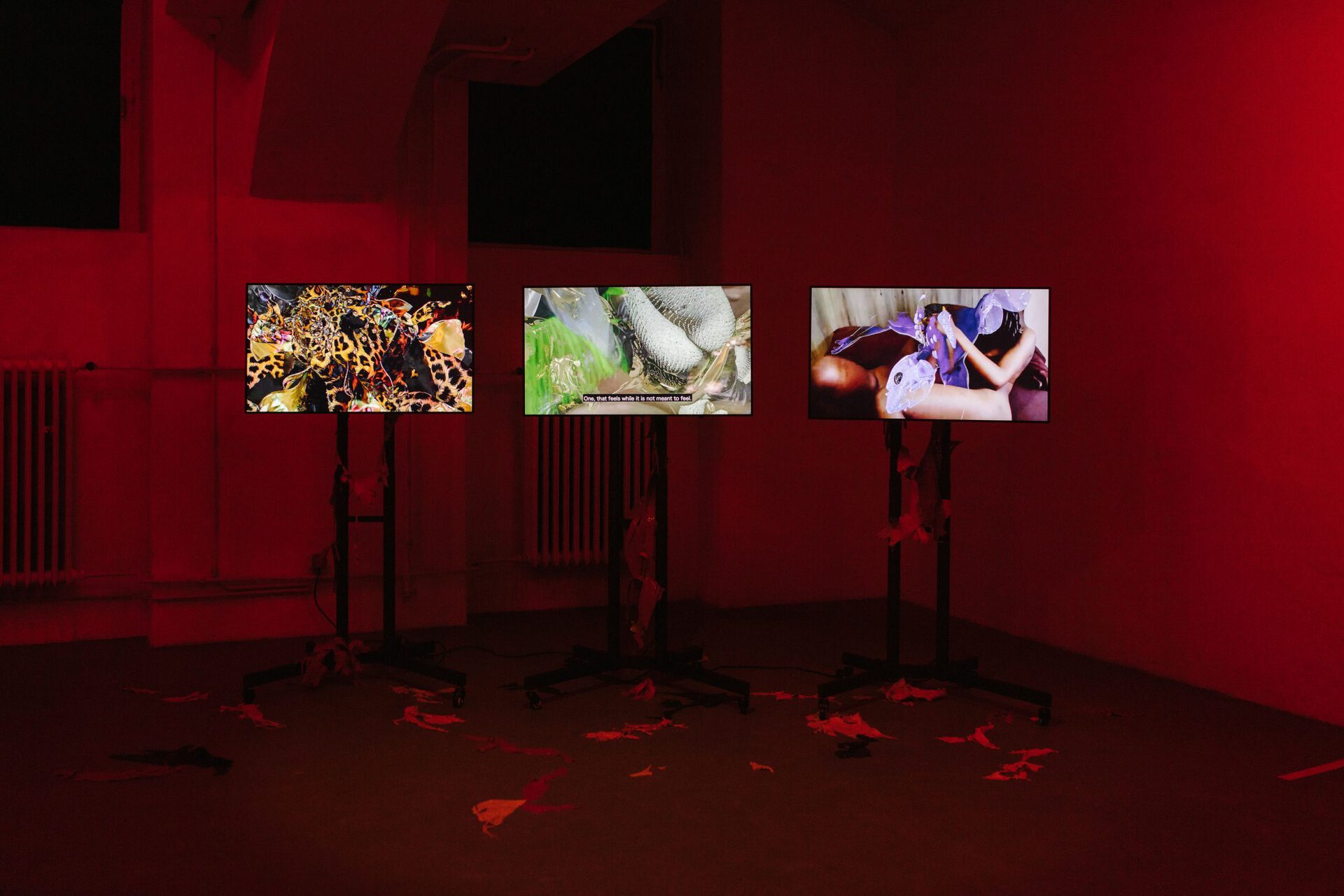 Johanna Bruckner, “Crushpad Climax”, 2021, HD/4K 3-channel-video installation, 12 min. + Johanna Bruckner, “Hypermorphisms”, 2021, Installation, variously-colored silicone [Photo: Theresa Wey]