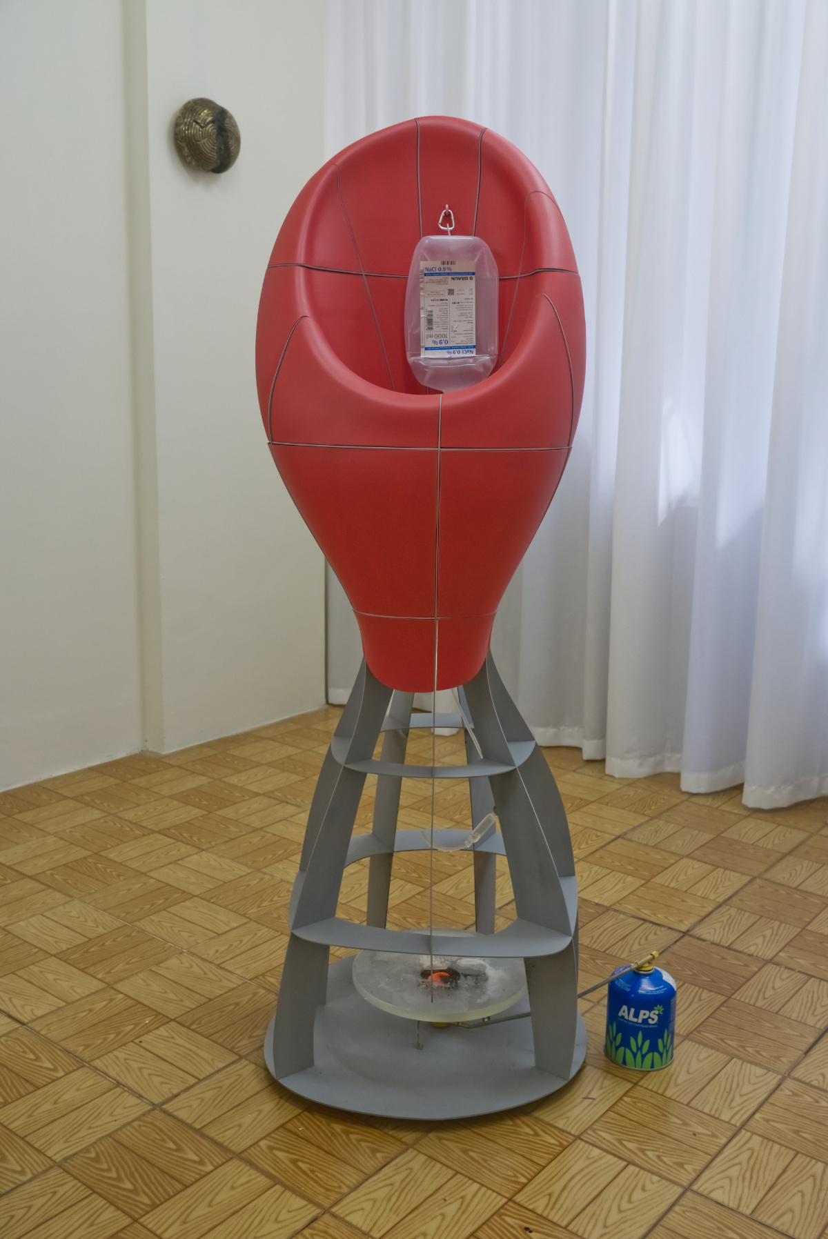 Daniel Stempfer, Distiller, 2021, steel, plastic, glass, camping stove, saline solution, 145x60x60cm