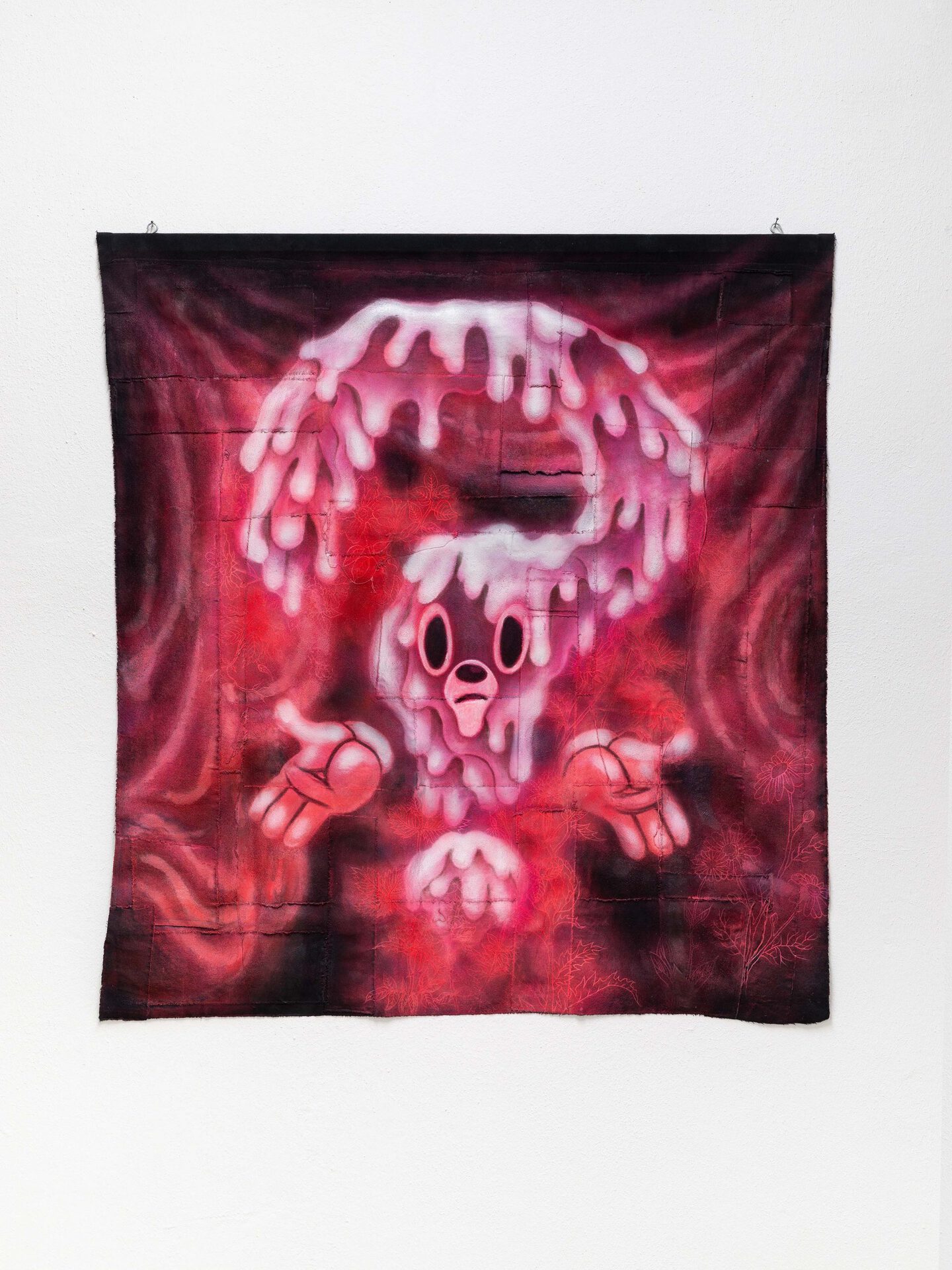 Hélène Padoux, Care or Performance, 2020, acrylic and ink on denim, 135 × 130 cm