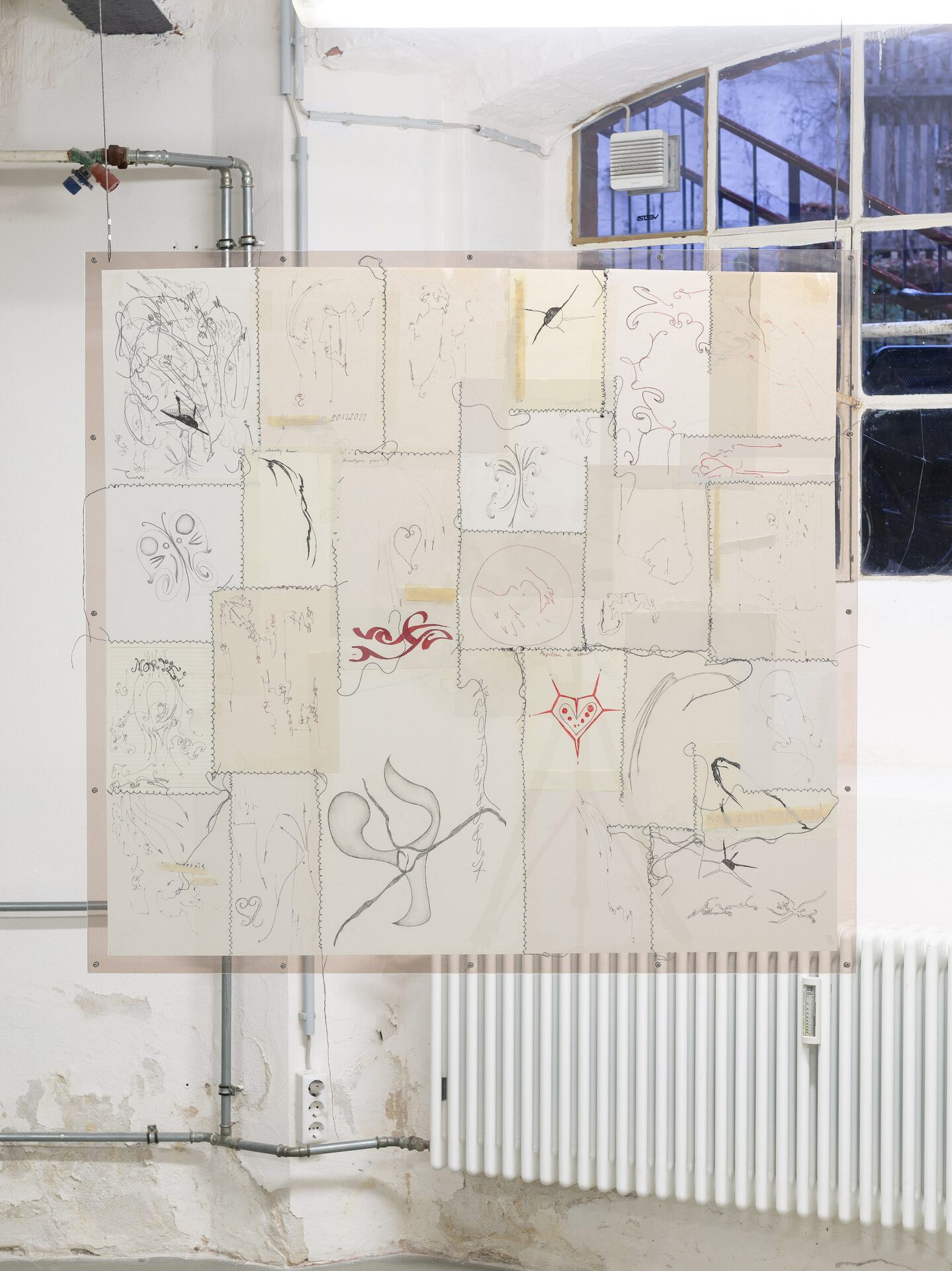 Emma Brunet, Don’t speak about it with your friends, selection of 26 sketches produced between 2018 and 2021, 2021, pencil and pen on paper, 99 × 105 cm
