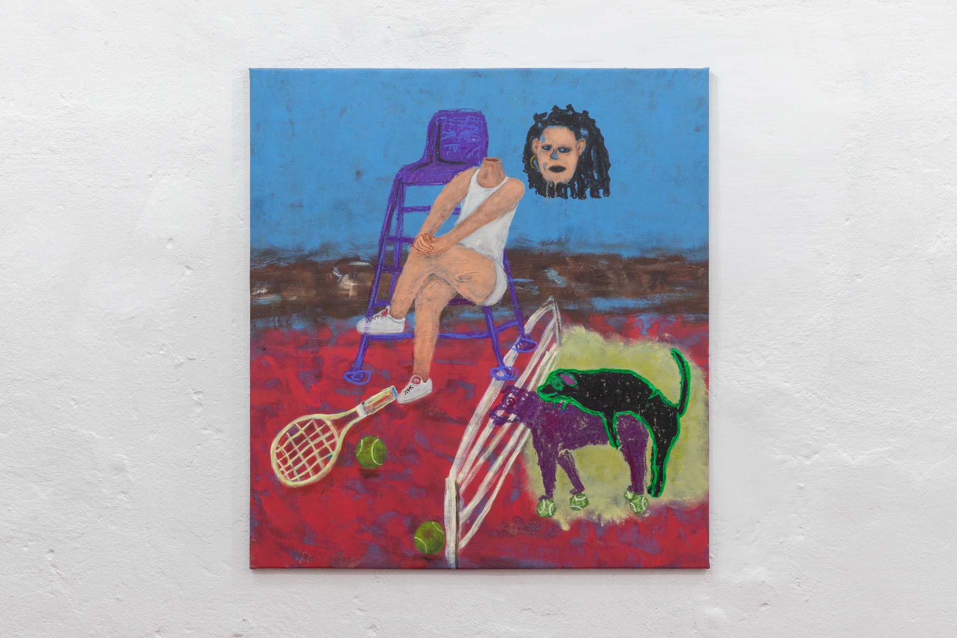 Tennis Court Intercourse, 2021, acrylic, aerosol paint and oil stick on canvas, 110 × 120 cm