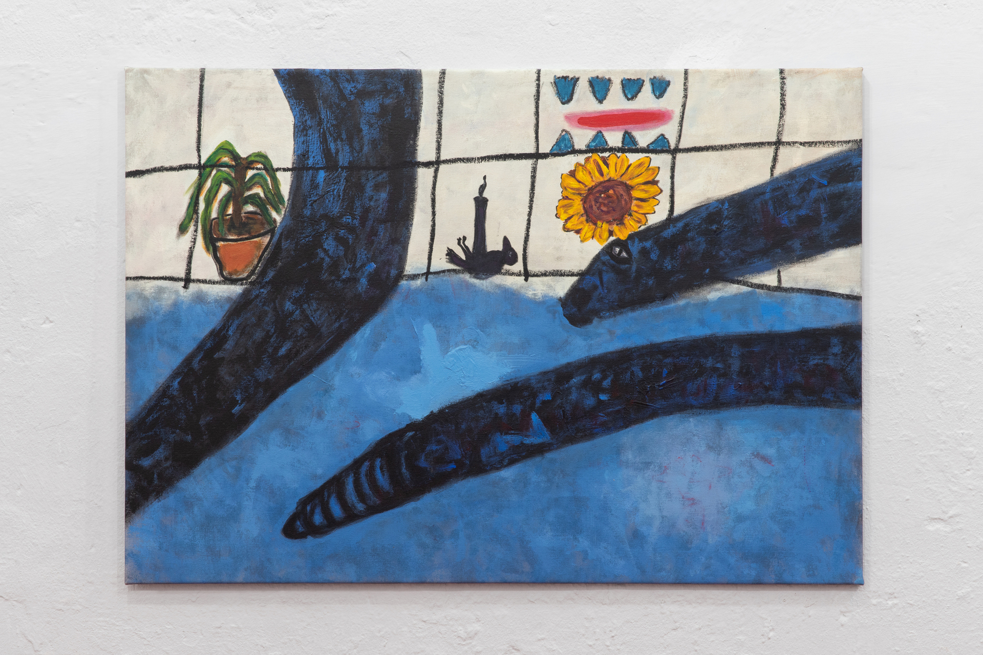 Untitled, 2021, acrylic, aerosol paint and oil stick on canvas, 130 × 90 cm