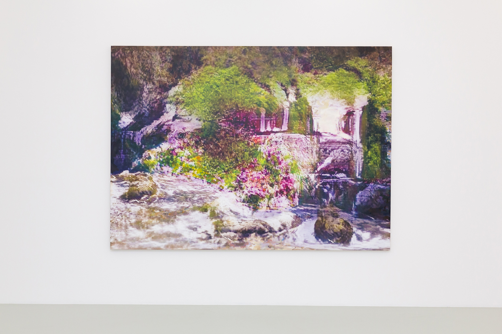 Manolis D. Lemos, New Landscapes (Riverside with Flowers), 2021, oil & UV cured ink on molding paste on transparently primed linen,275 x 200cm