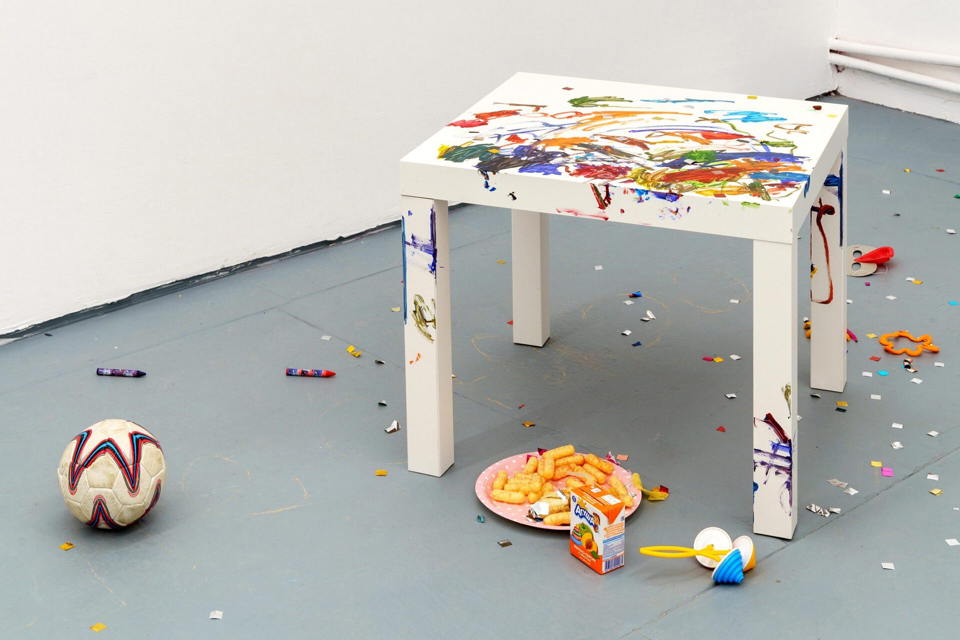 Daniil Golyakov (2 y.o) &amp; Arthur Golyakov, ’Paints’, 2021, acrylic, Ikea "Lack" table, 55x55x45 cm
