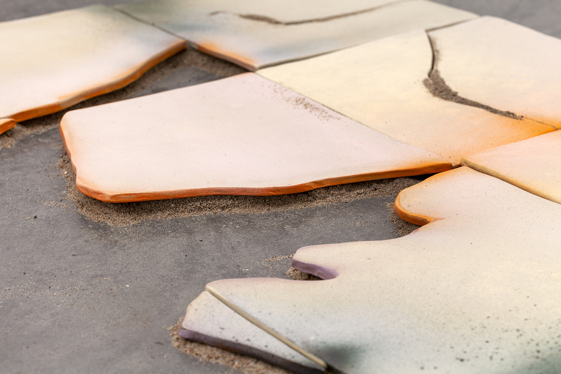 Present Yet-to-Be. Lisann Lillevere &amp; Johanna Ruukholm. Detail of the installation Holy Ghost, 2021, installation, ceramics, sand. Photo by Roman-Sten Tõnissoo