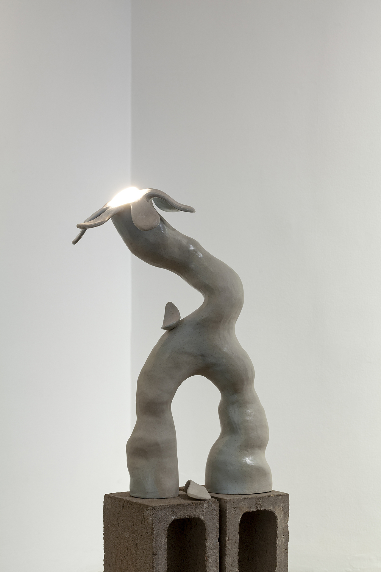 Present Yet-to-Be. Lisann Lillevere & Johanna Ruukholm. Detail of the installation Holy Ghost, 2021, ceramics, concrete masonry unit, RGB LED light. Photo by Roman-Sten Tõnissoo