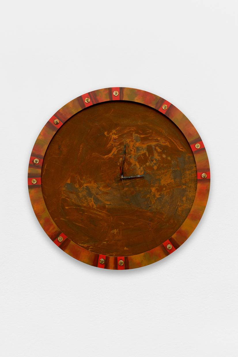 Tanja Nis-Hansen, Rusty clock (I am still a patient girl), 2021, iron compound, oxidation compound, MDF, metal and clockwork, wooden frame, ø 50 cm, unique