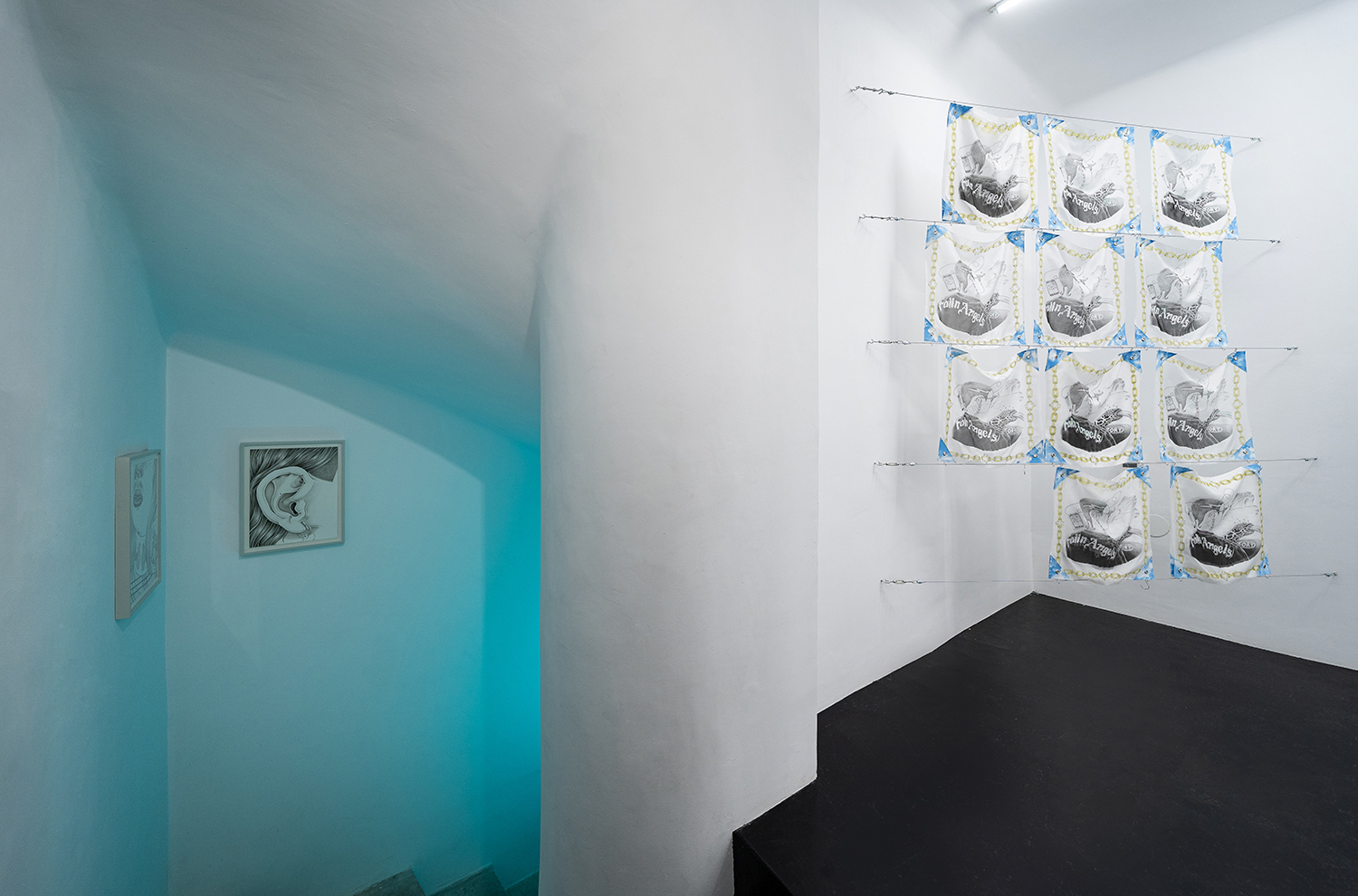Barbara Lüdde, Sky is the Limit, 2021, installation, including 12 silk scarves printed then colored by hand (each 45 x 45 cm), steel wire, hooks Picture