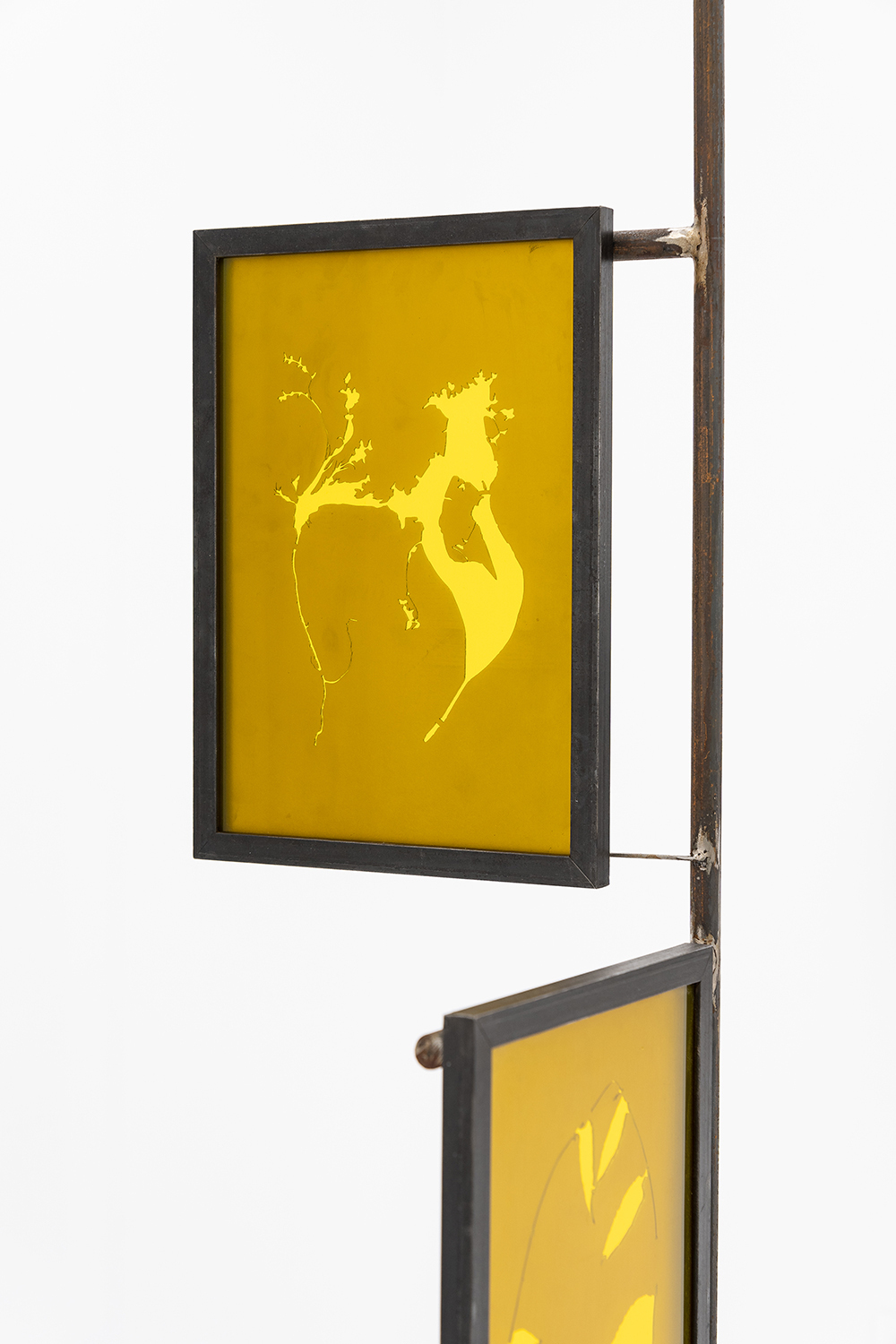 Bethan Hughes, Văcărești (Us), Vacaresti (You & I), 2021 steel, mouth-blown coloured glass, custom steel frames 48 x 33 cm each