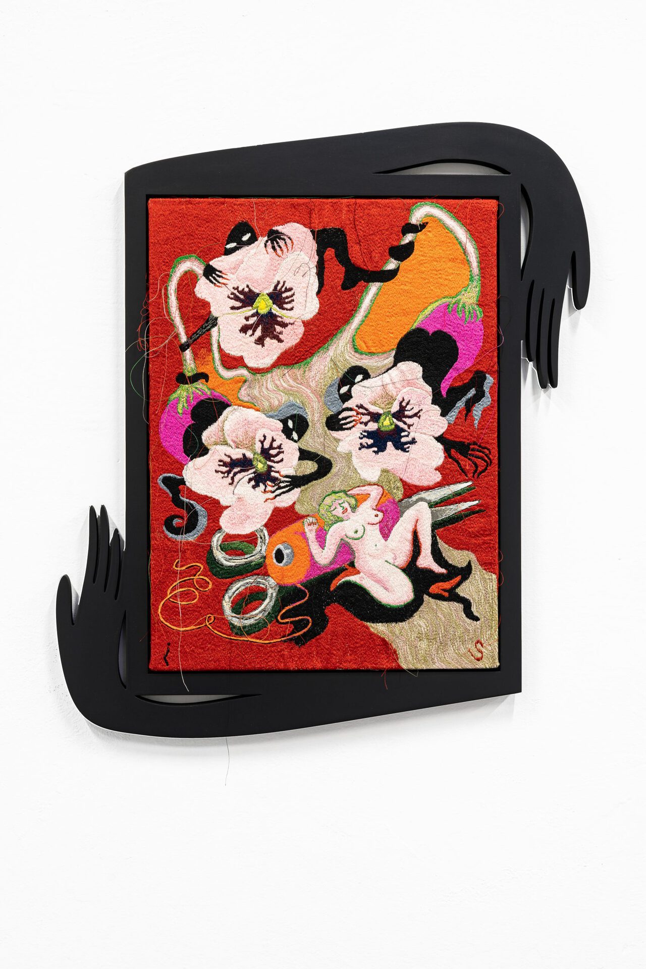 Ioana Stanca, Strange Flowers (Ai grijă de tine) 2021, embroidery on linen, 57x42, artist frame, wood, 75x65x3 cm
