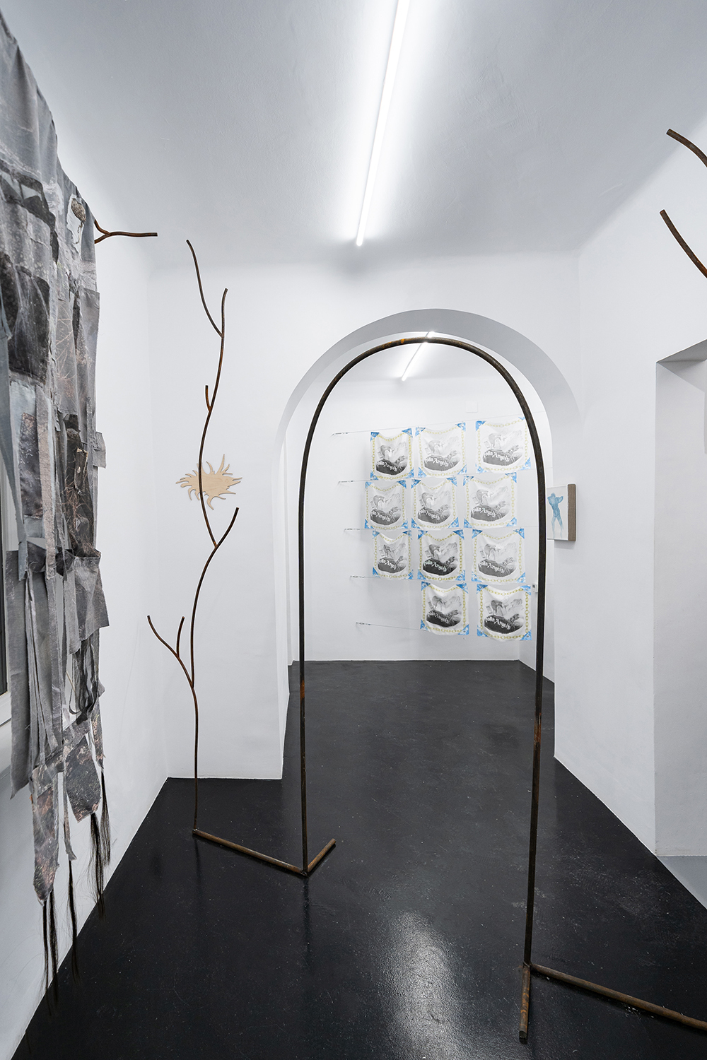 Lera Kelemen, Mark the ground with thin, soft thread 2021, installation, metal structure, laser cut on ply, patchwork, print on textile