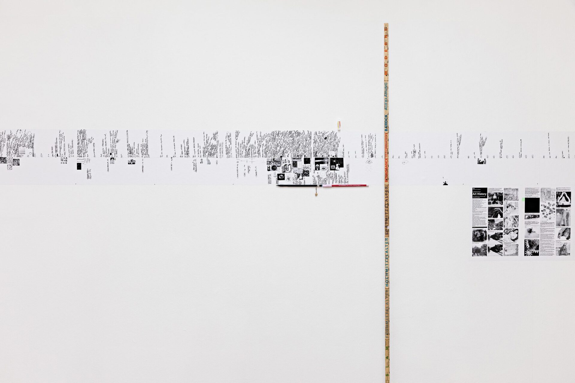 Lia Perjovschi, general culture timeline (from the fire discovery until today), 1997 – ongoing; subjective art history (from modernism until today), 1990 – 2004, 2004 – today; details, 2021; exhibition view THE EQUALITY OF POSSIBILITY, Kunstverein Bielefeld, 2021. Photo: Fred Dott