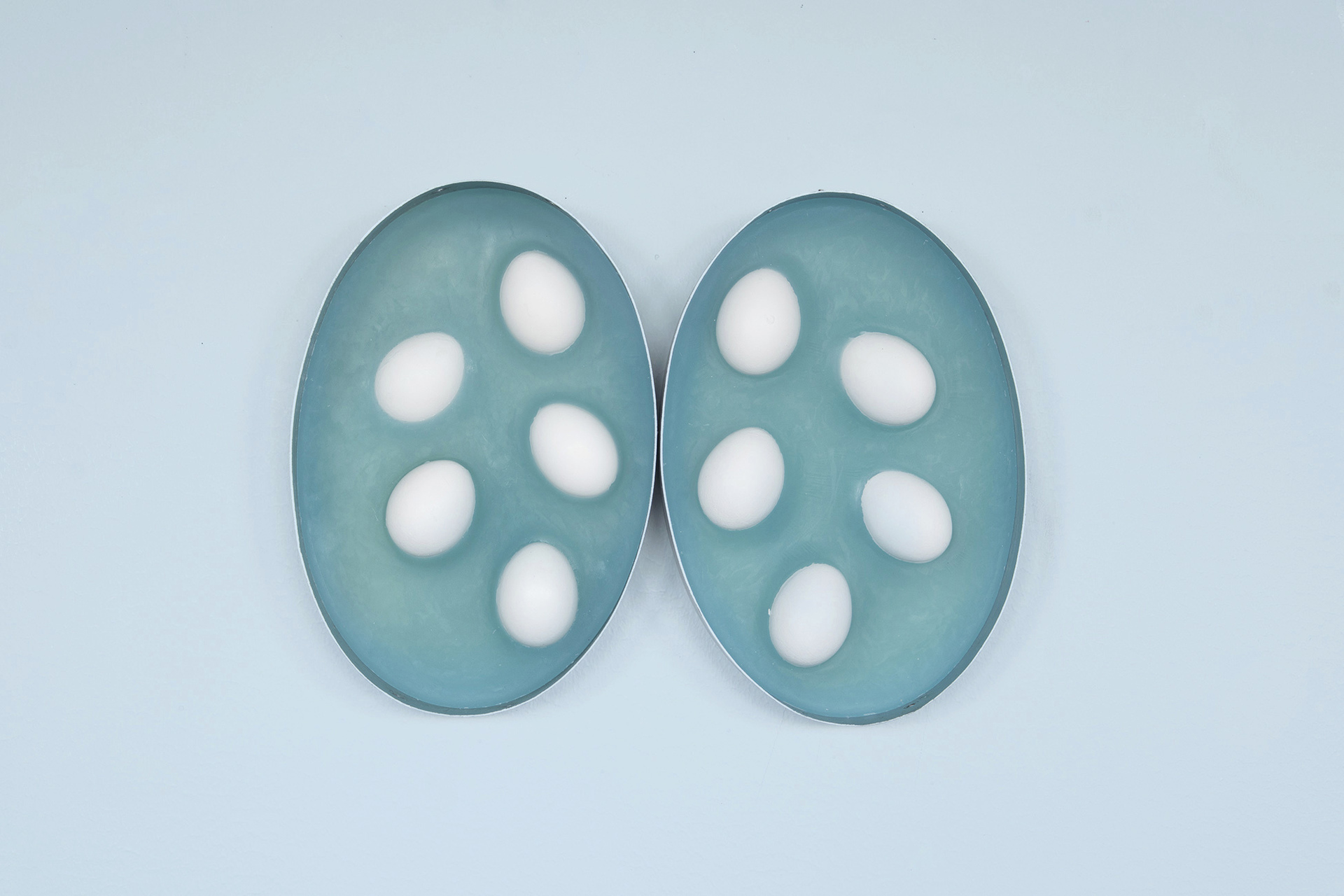 Anastasia Savinova, We Swim in One Water, act IV, ocean blue / 2021 / baking forms, wax, egg shells