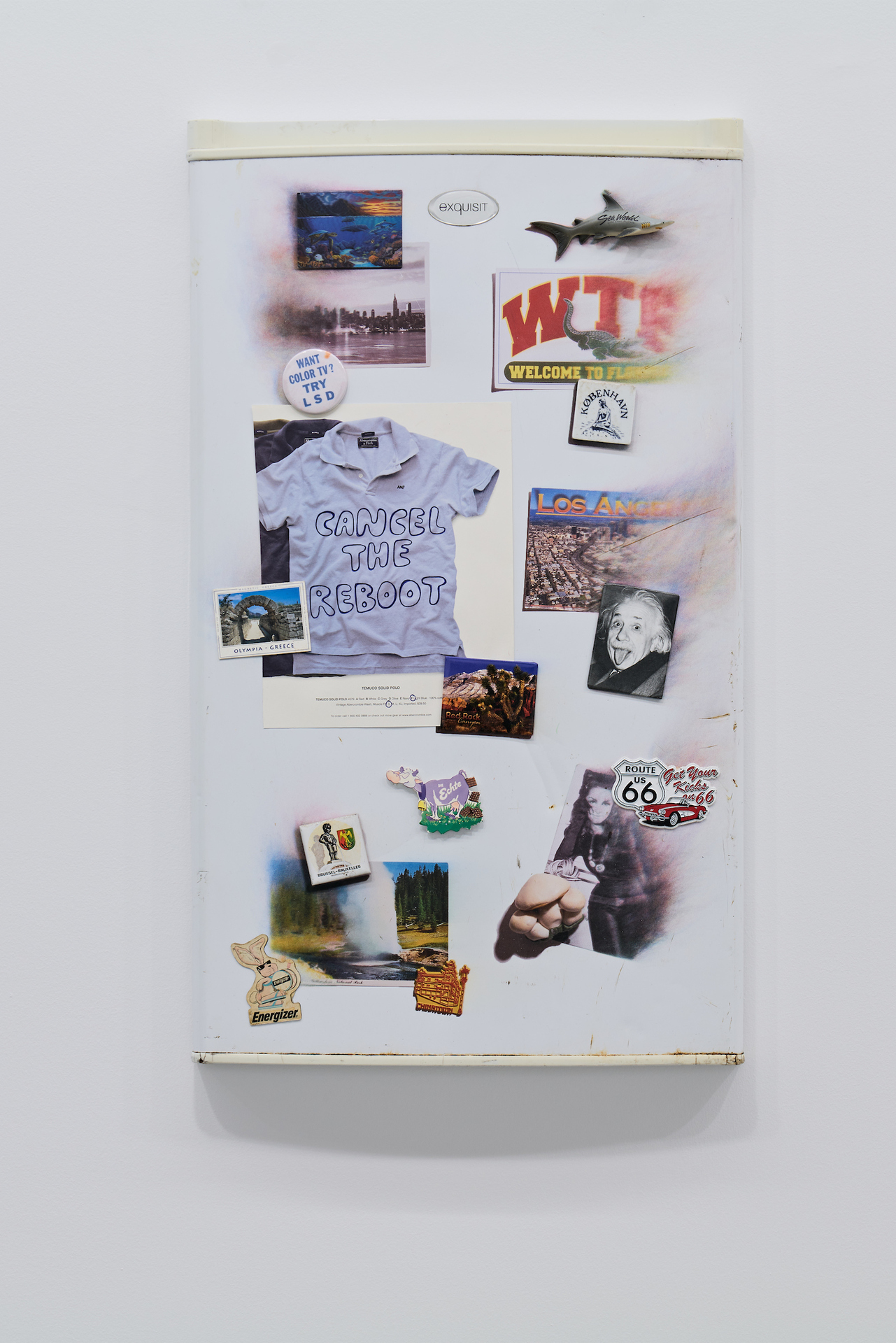 Billie Clarken, „Trap Door #3 (BEHIND EVERY ISSUE IS AN ADVERTISMENT)“, 2021, Refrigerator door, UV print, found objects, 80.5 x 47.5 x 5 cm