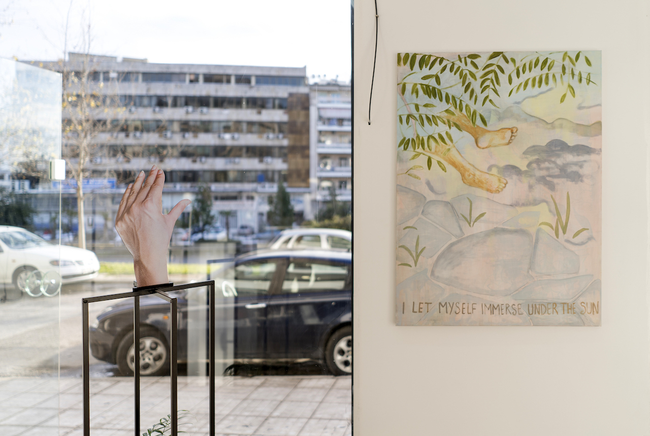 Eleni Bagaki, I let myself immerse under the sun, 2021, Oil on canvas, 80 100 cm & Hand-stand, 2015, Printed image on aluminum, metal stand, plant, Dimensions variable, Courtesy Eleni Koroneou Gallery, Athens | Callirrhöe, Athens, Photo: Alexandra Masmanidi, 2022
