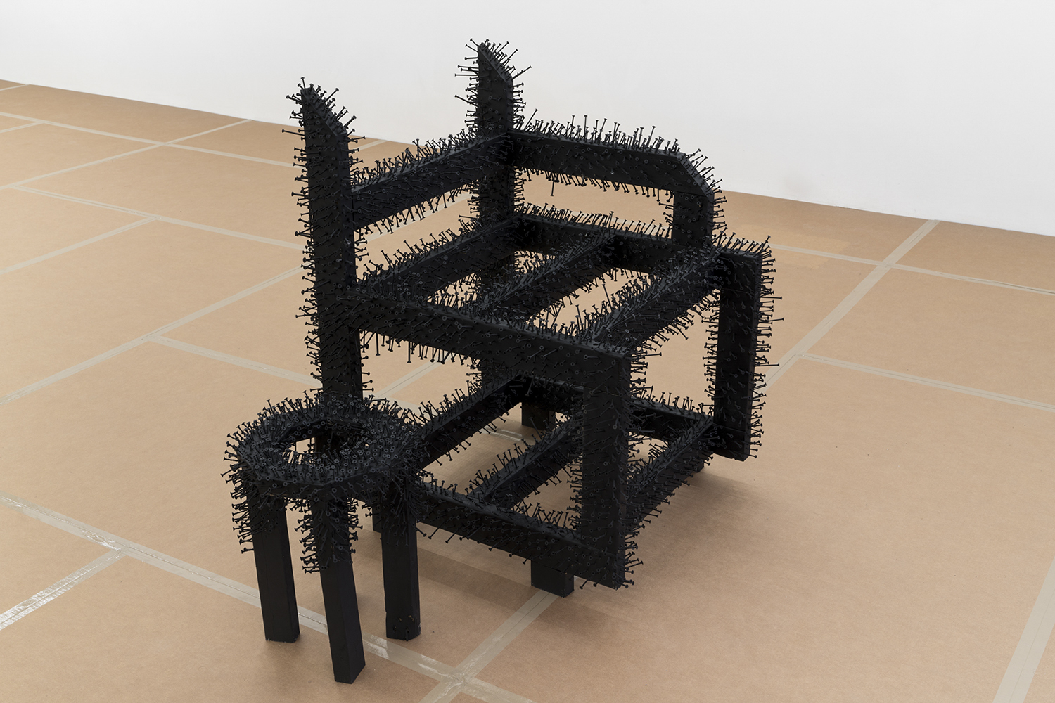 10 000 screws to kill time 2021 wood, screws, peint 104 x 79 x 89 cm (chair) 48 x 38 x 38 (stool)