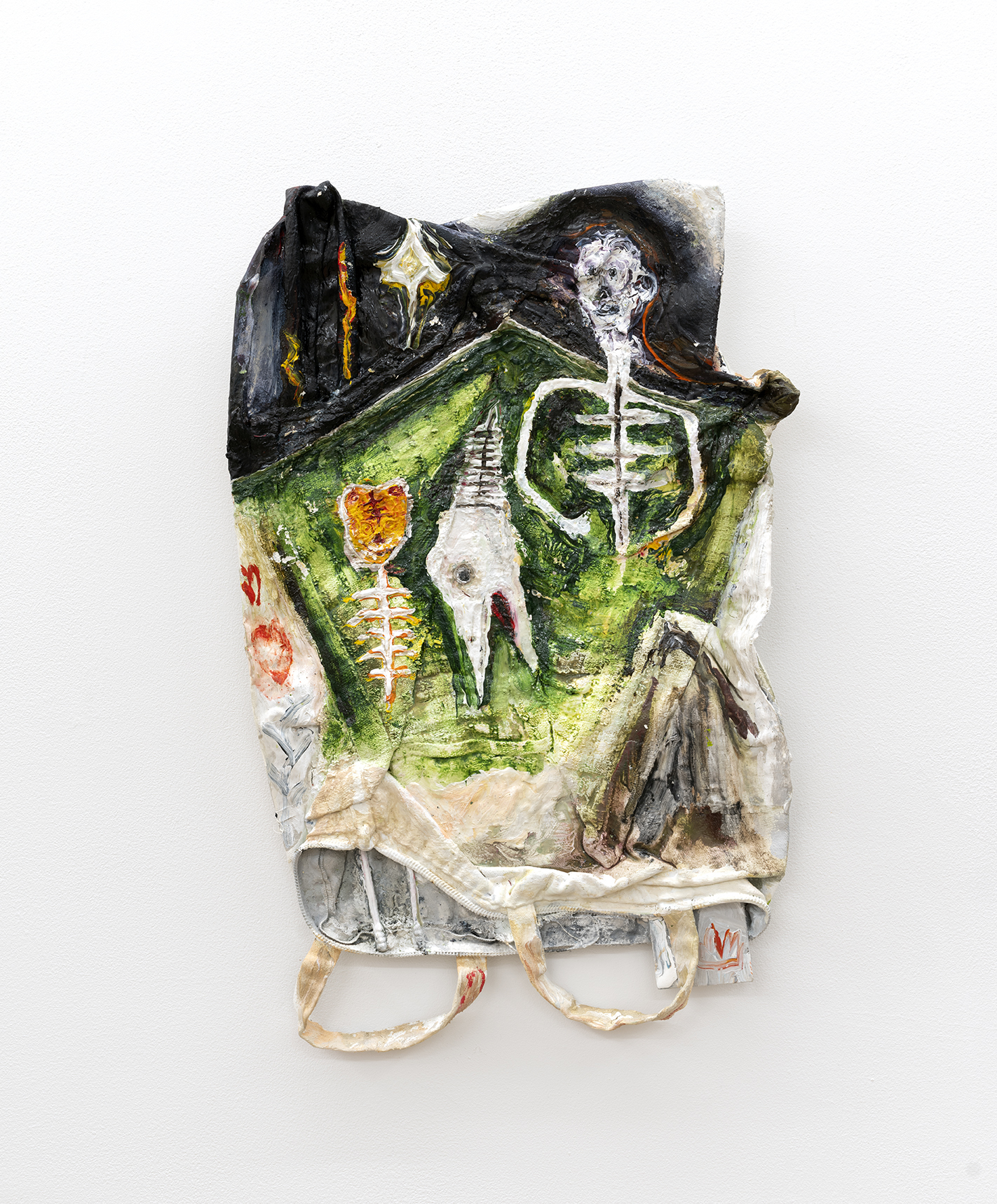 Ahmed Mannan, Bone three! (Man! Bird! Tiger!), 2020, Oil paints on molded rice bags, 17 x 11 x ½ in.