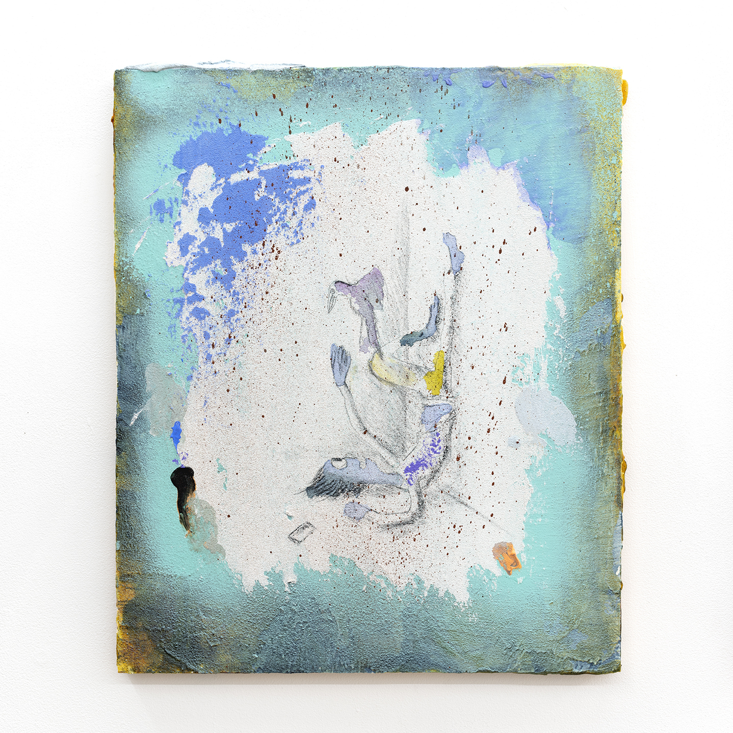Emi Mizukami, Humming Bird, Still Alive Ⅱ, 2021, Acrylic paint, charcoal pencil, sand paste, desert sand on panel, 18 x 15 x ¾ in.