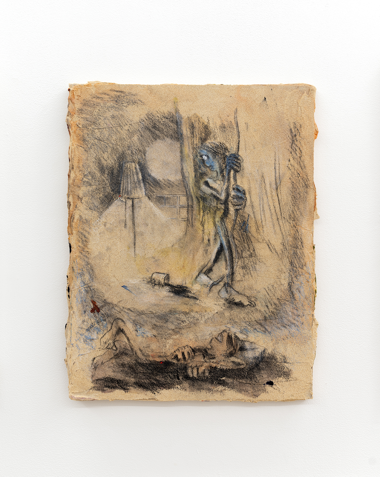 Emi Mizukami, Waiting for a Great Day Ⅲ, 2021, Acrylic paint, charcoal pencil, sand paste, desert sand on panel, 16 x 12½ x ¾ in.
