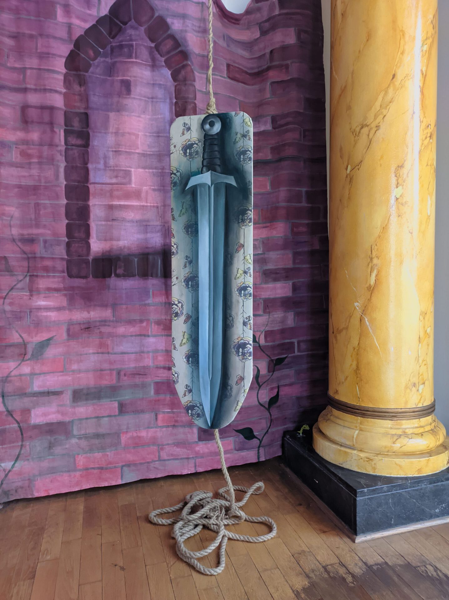 Maryna Sakowska, On the sword and on the distaff side, 2021, oil on the ironing board, 108x29 cm