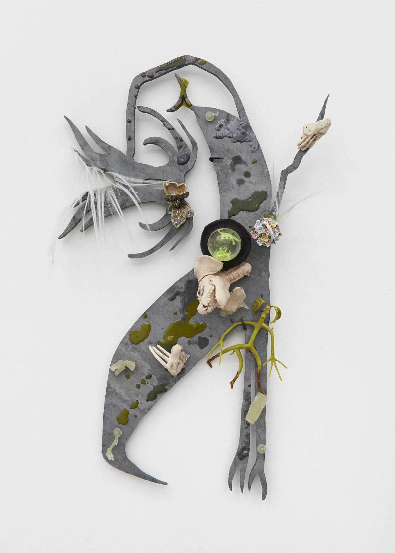 Last call, 2022. Epoxy resin, Synthetic hair, found porcelain bowl, found butterfly box,  plastic Teckel skeleton, toys, butchers hooks, slate, 88 (L) x 52 (W) x  (D) 16 cm