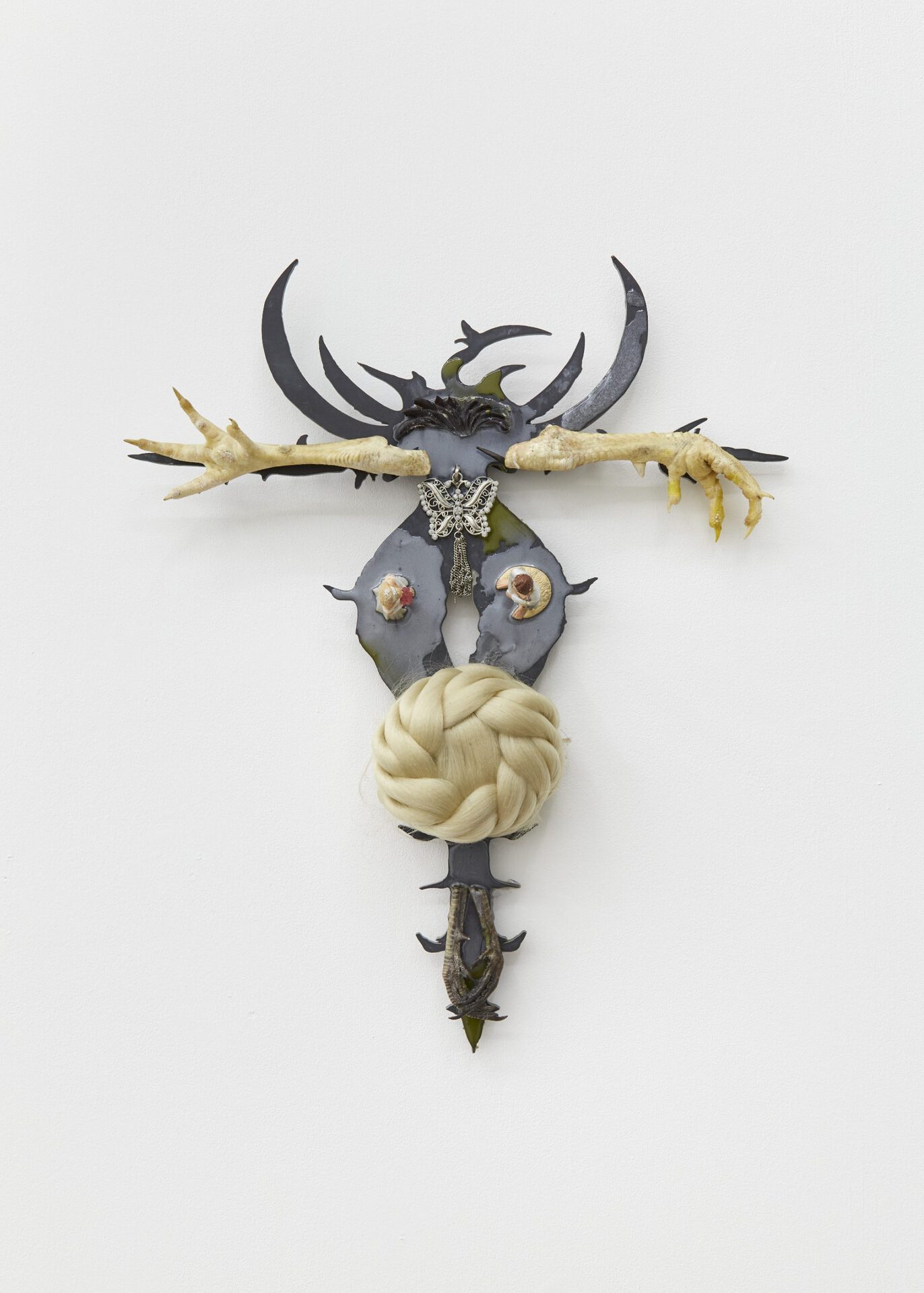 Use me, 2021. Epoxy resin, mica pigments, dried chicken feet, dried heron feet, synthetic hair, plastic figurines, broken necklace, butchers hooks, slate, 56.5 (L) x 47 (W) x 10 cm (D)