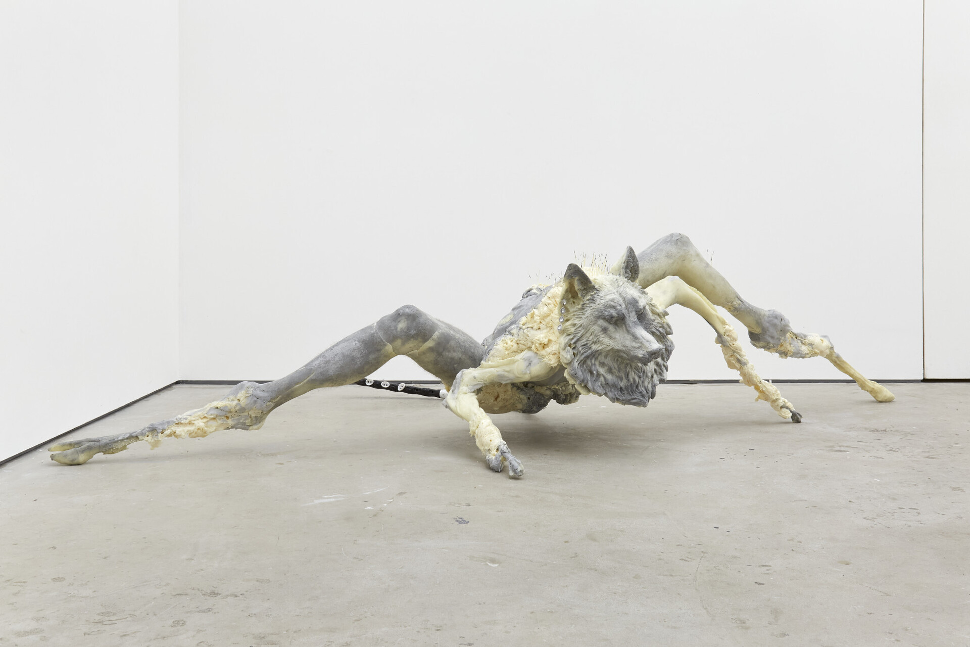 I looked into your eyes, I thought that I could see A Whole New World, 2021-2022. Polyurethane foam, epoxy dough, aluminium powder, steel, human hair, found plastic tubing, porcupine hairs, strass earring, 290 x 166 x 67 cm